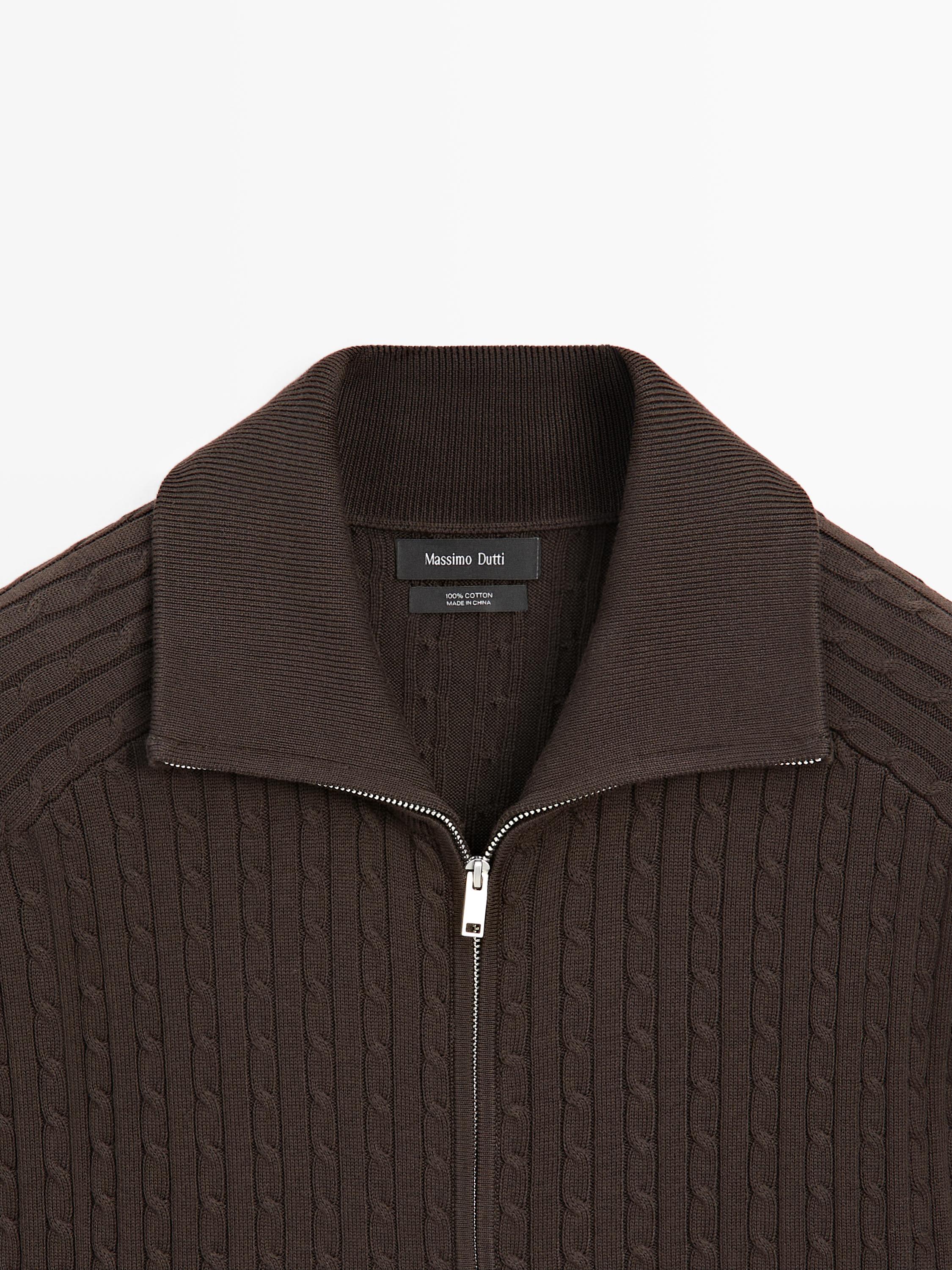 Cotton cable-knit cardigan with zip — BROWN MARL