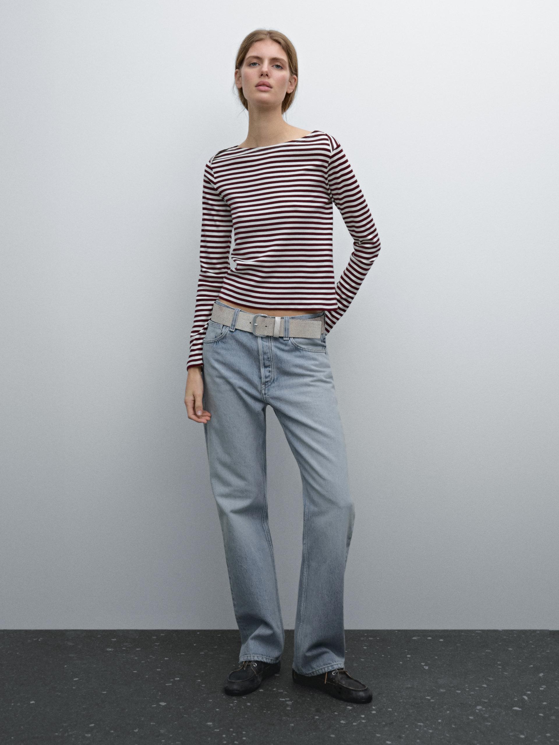 Koszulka W Paski Z Kopertowym Zdobieniem Na Ramionach - Bordowy - Xs - Massimo Dutti - Kobieta