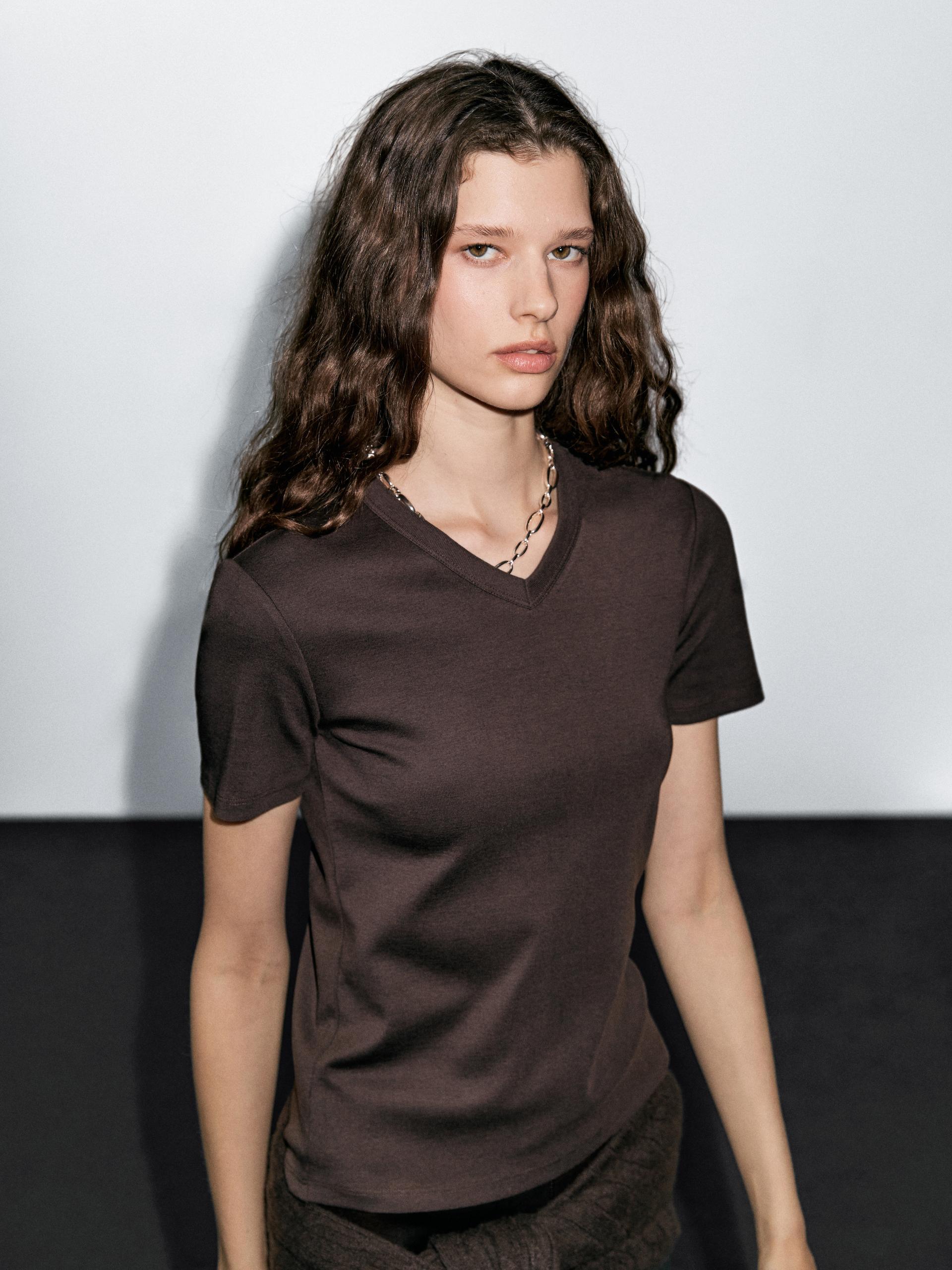 Maglietta Con Scollo A V 100% Cotone - Marrone - M - Massimo Dutti - Femminile