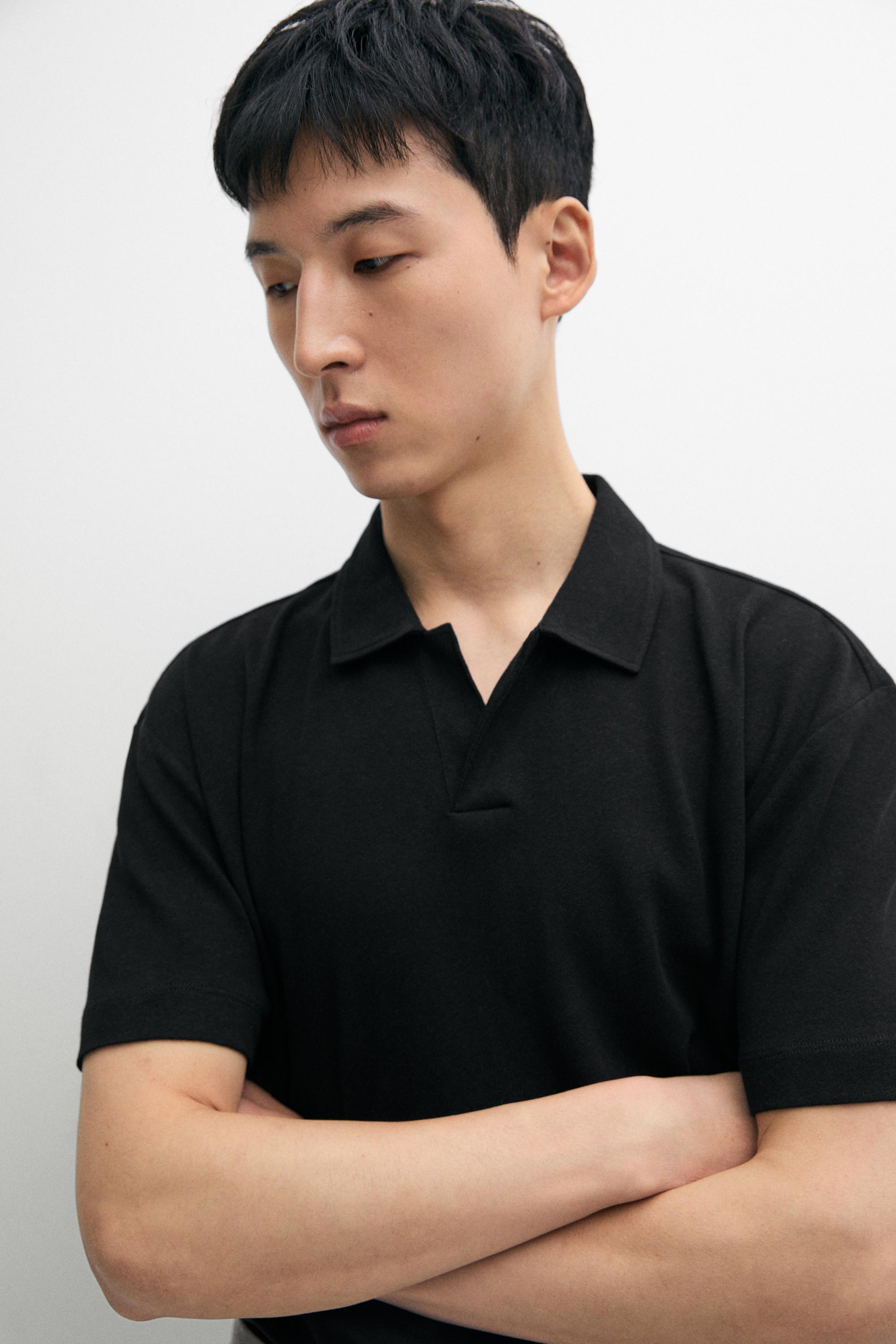 Short sleeve linen cotton polo shirt — BLACK