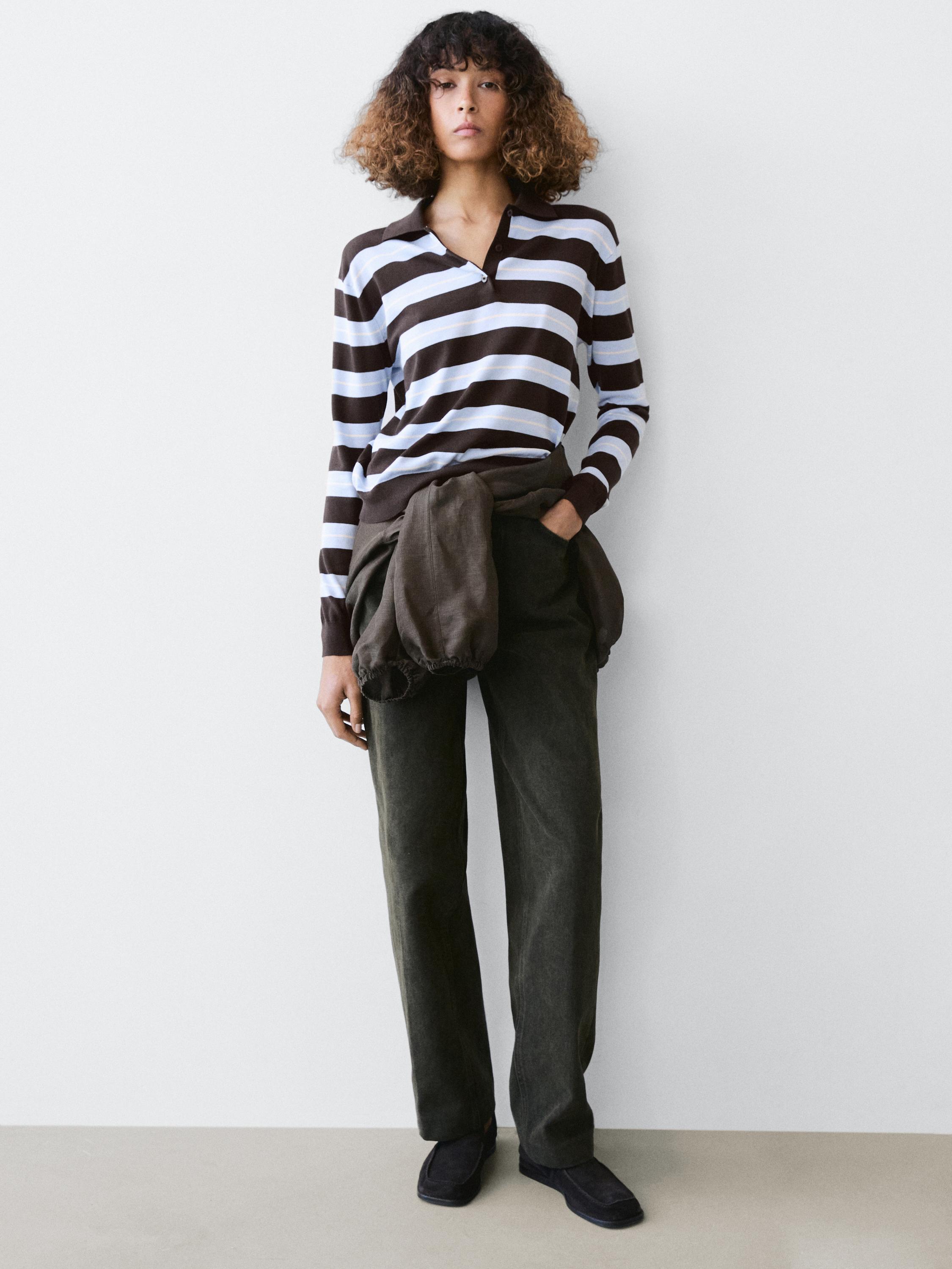Cotton striped knit polo sweater