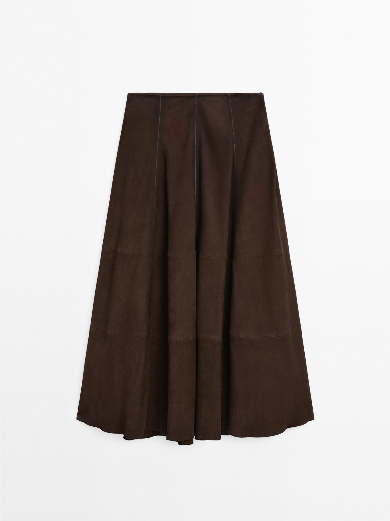 Massimo Dutti - Dame - Midinederdel I Ruskind Med Svaj - Brun - S