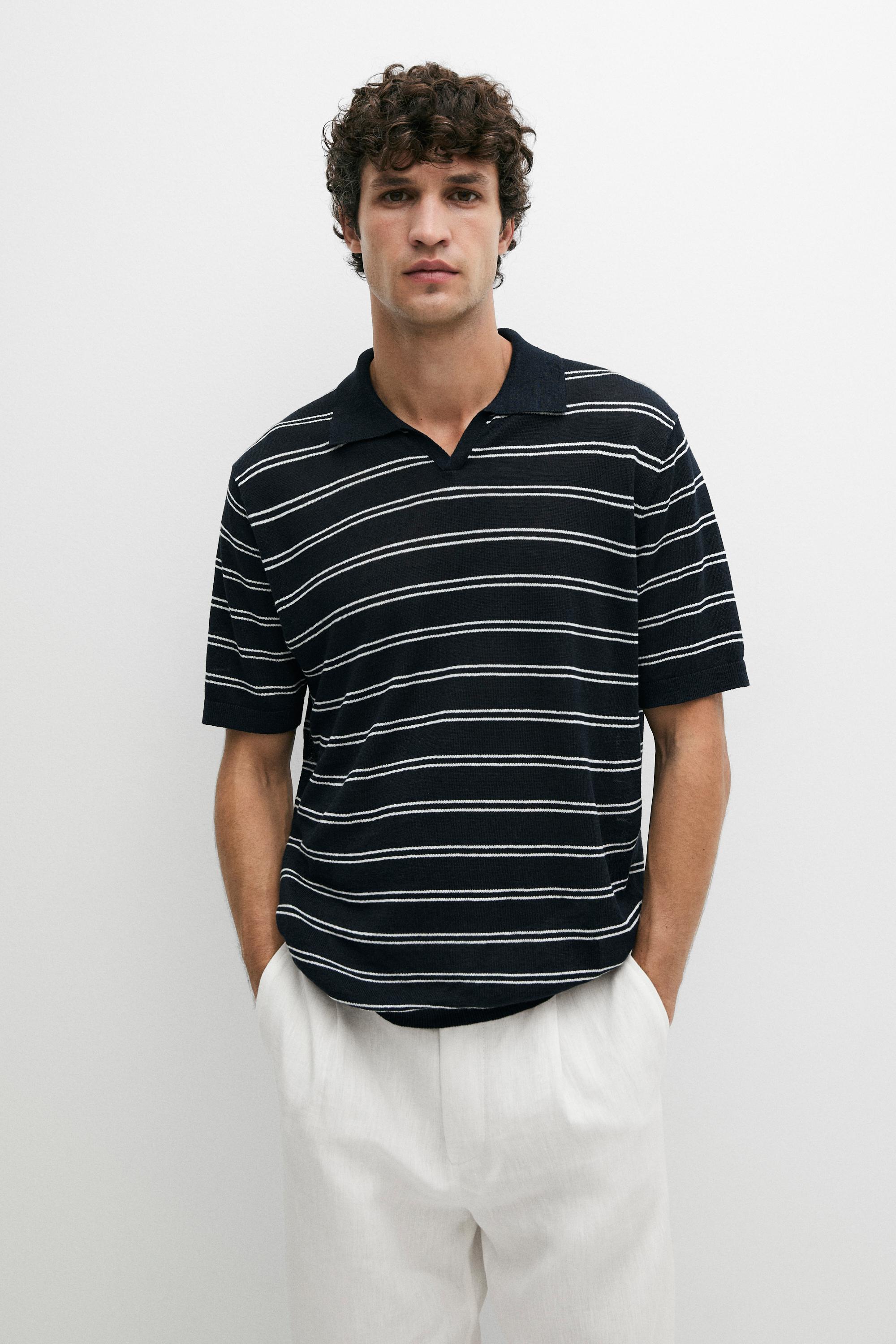 Striped 100% linen V-neck polo shirt — NAVY BLUE