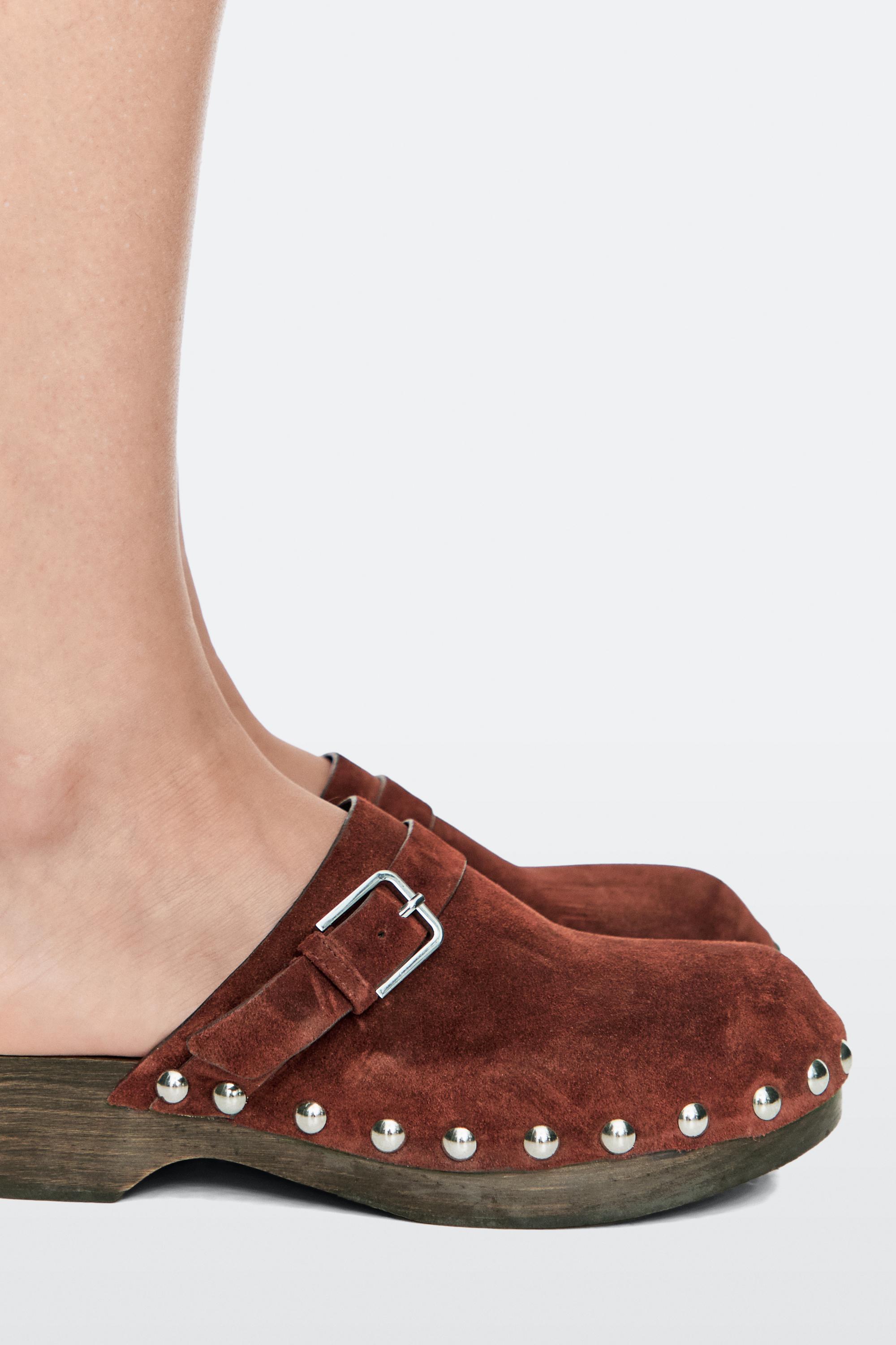 Leather clogs with buckle — TERRA-COTTA