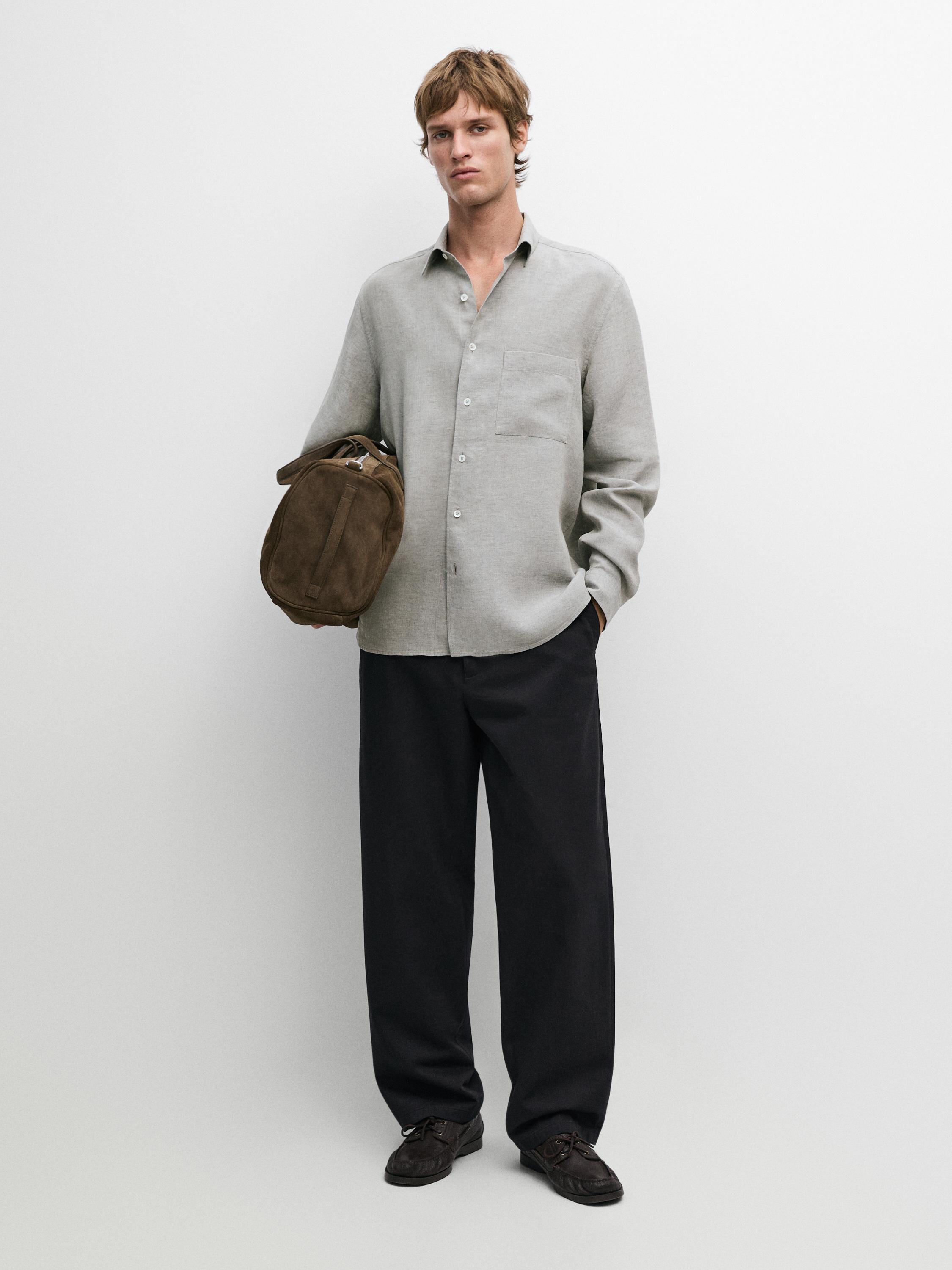 100% linen regular fit shirt with pocket — GREY