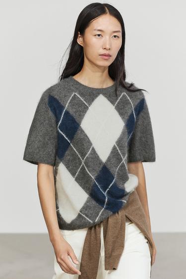Wool blend knit sweater with argyle pattern — GREY 3
