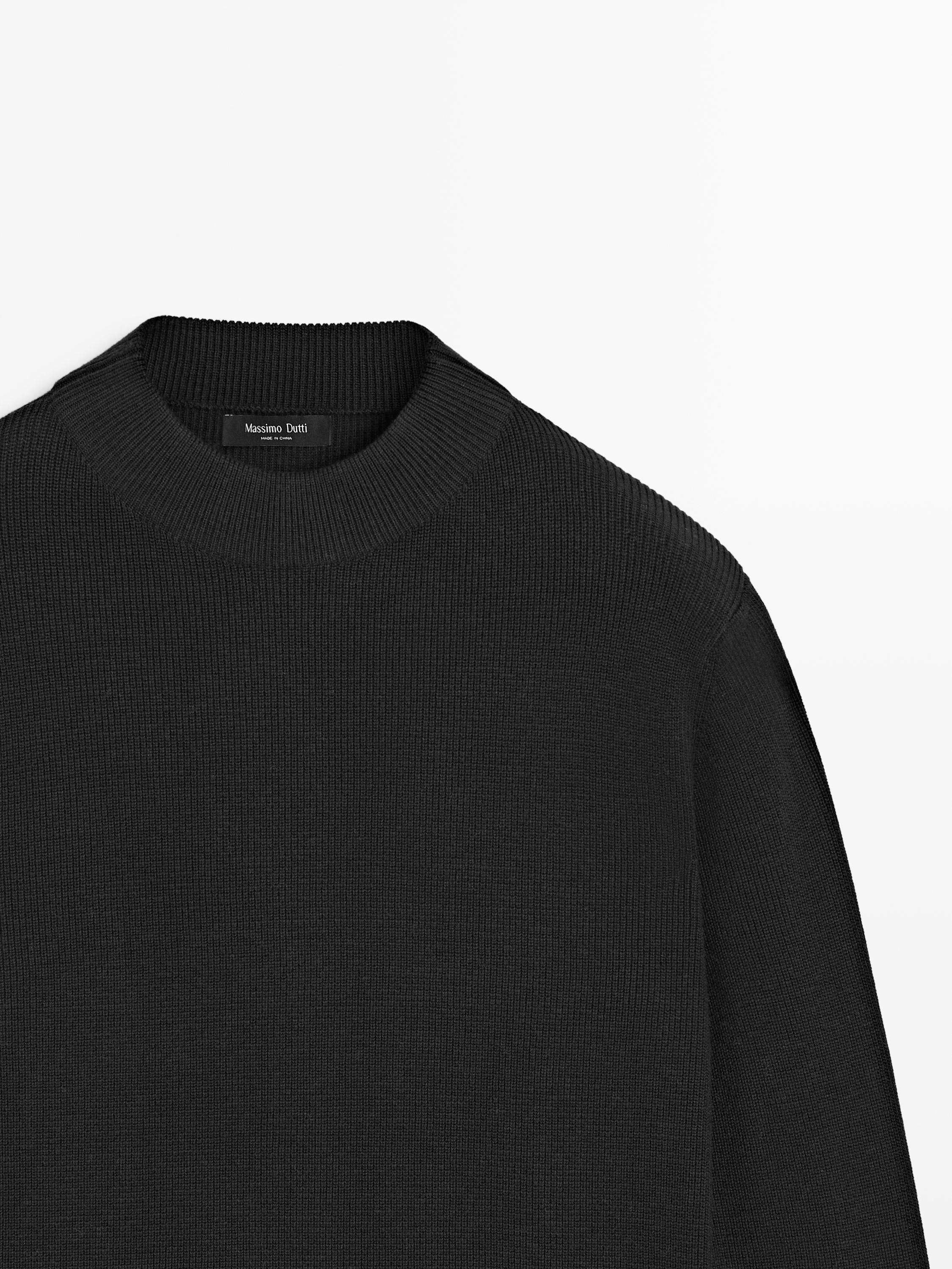 Cotton blend knit sweater with mock turtleneck — BLACK