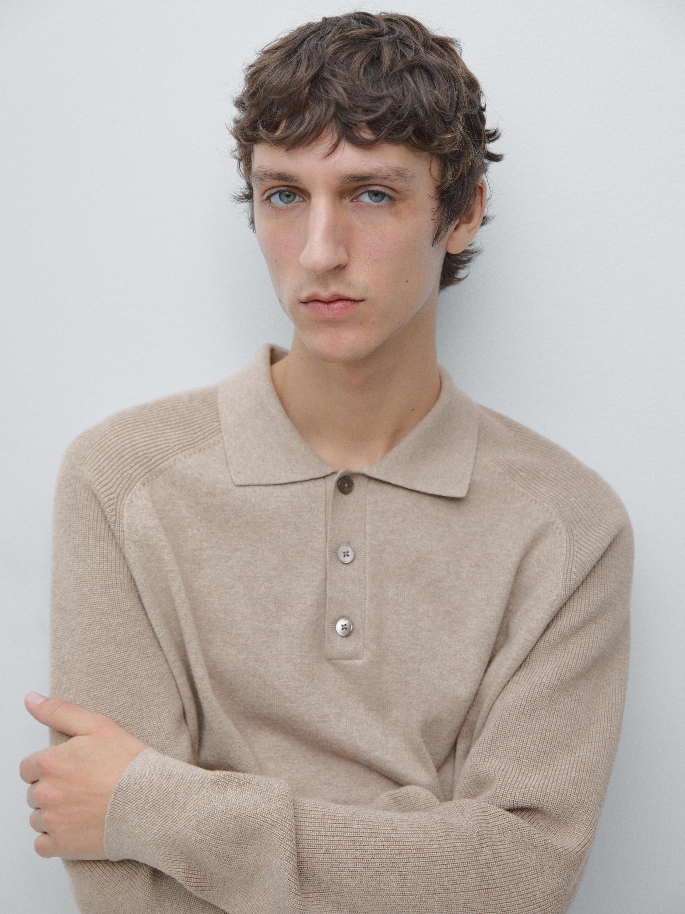 Cotton blend knit polo sweater — MINK