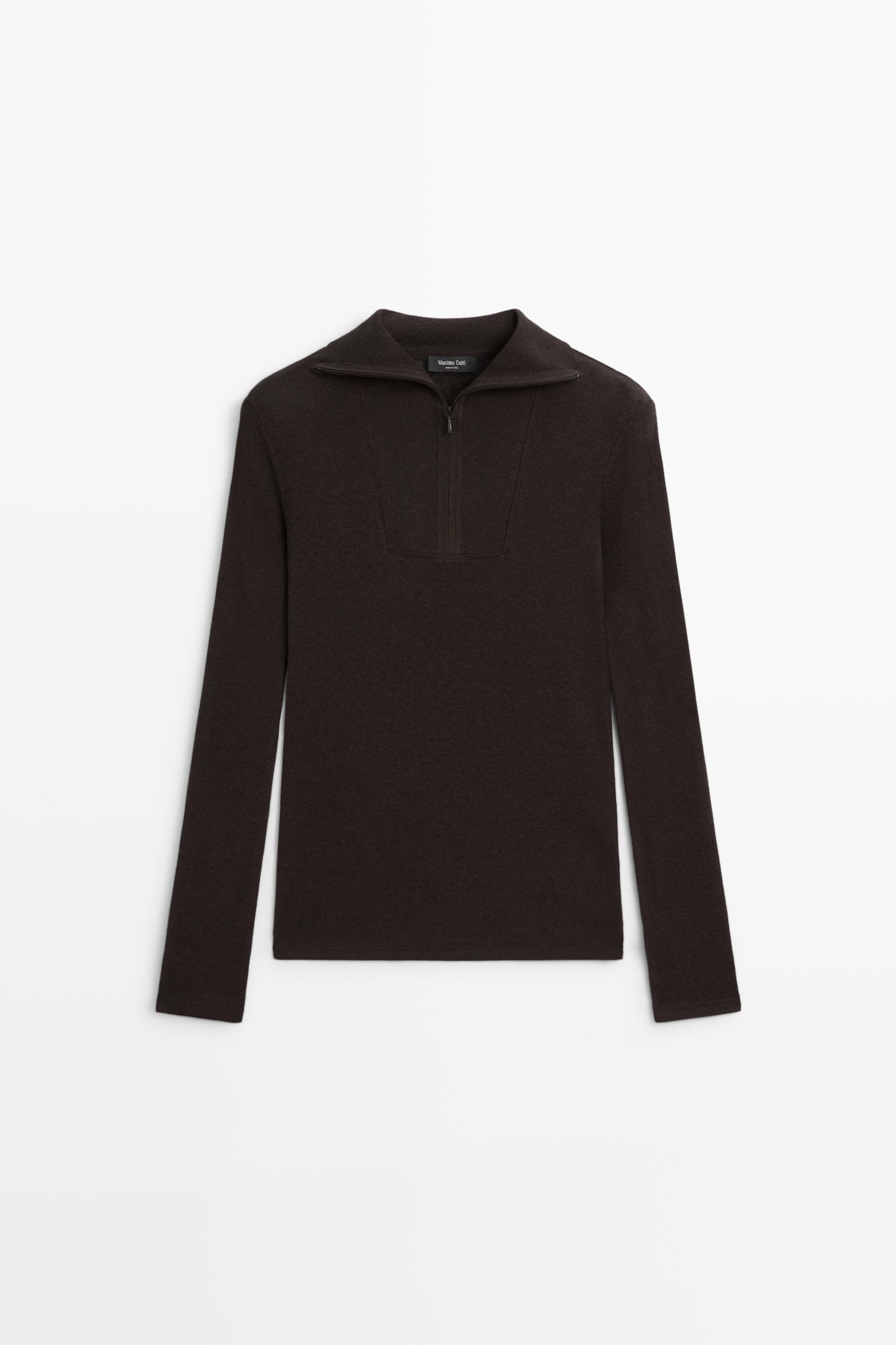 Cotton-Blend Quarter-Zip Long Sleeve T-Shirt - Mole Brown - L - Massimo Dutti - Female