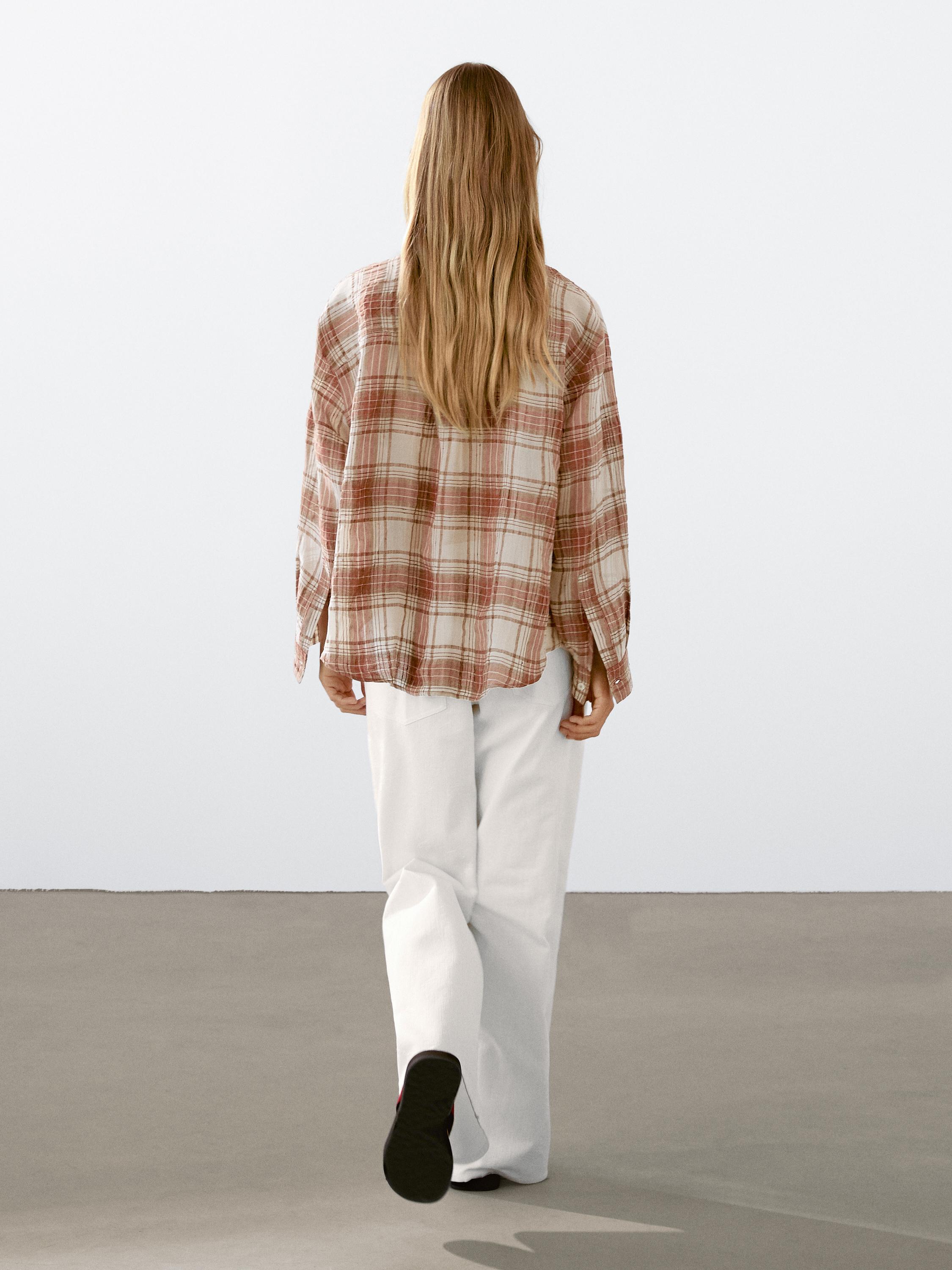 Oversized checked shirt with stand collar