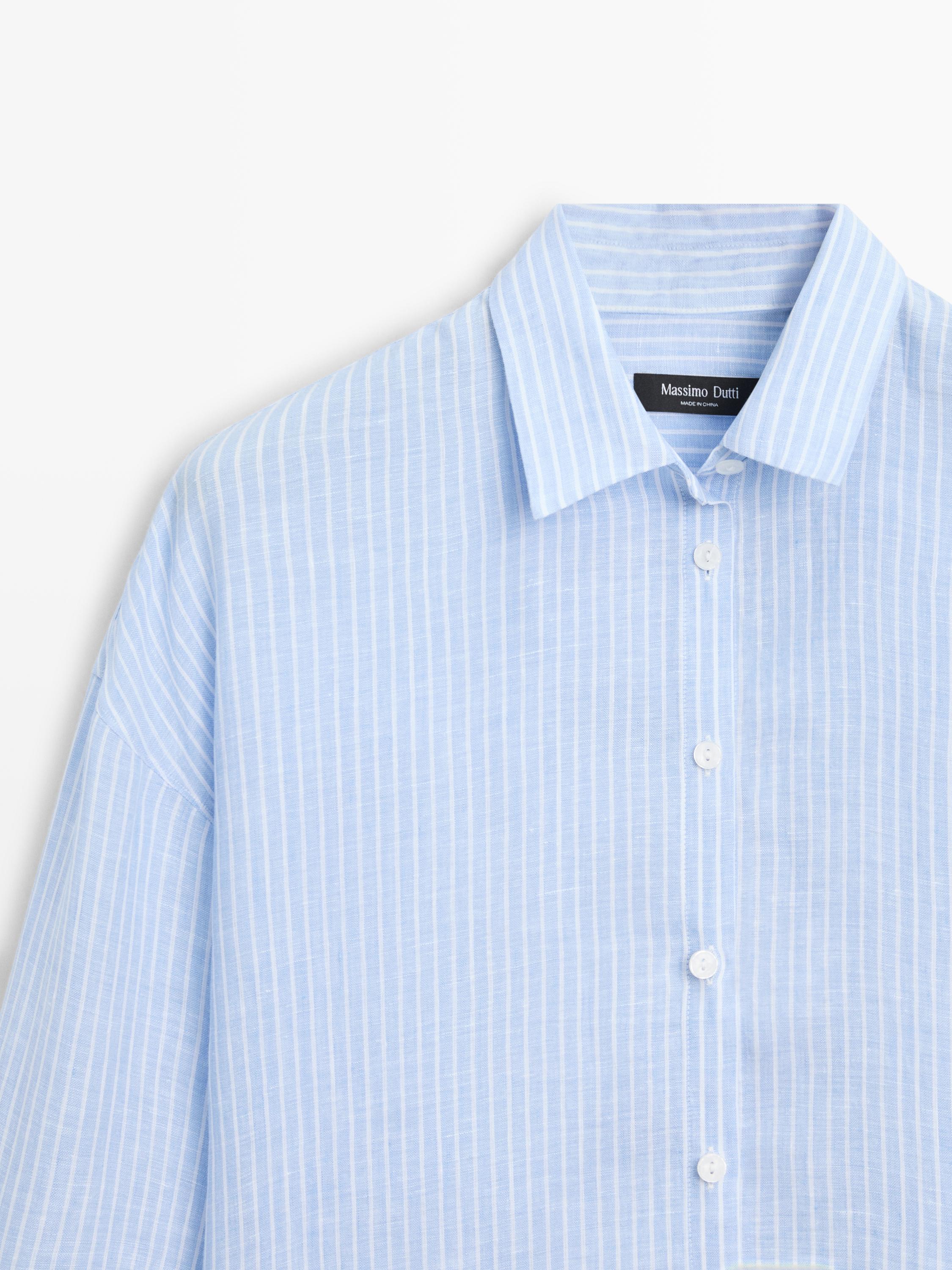 Flowing striped 100% linen shirt — SKY BLUE