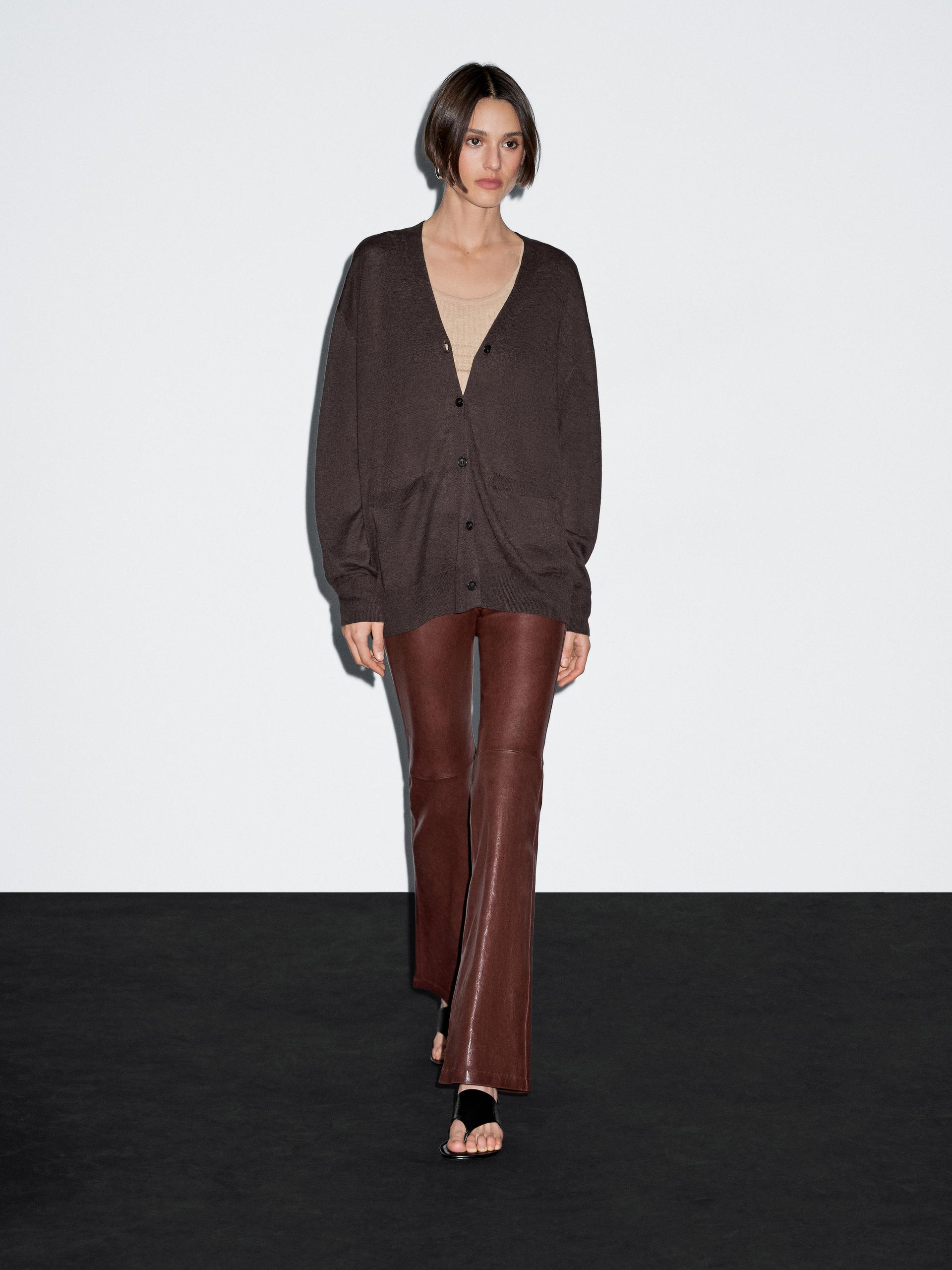 Massimo Dutti Long Linen Blend Knit Cardigan In Brown