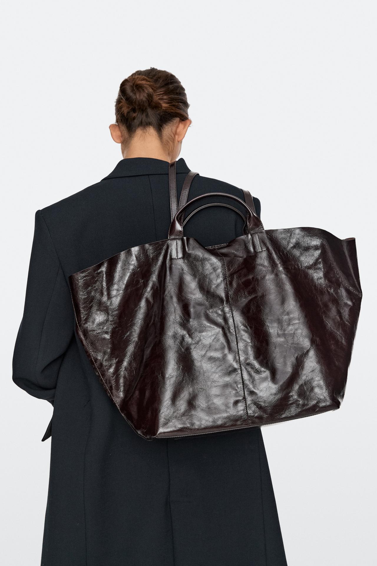 Maxi crackle nappa leather tote bag — Chocolate