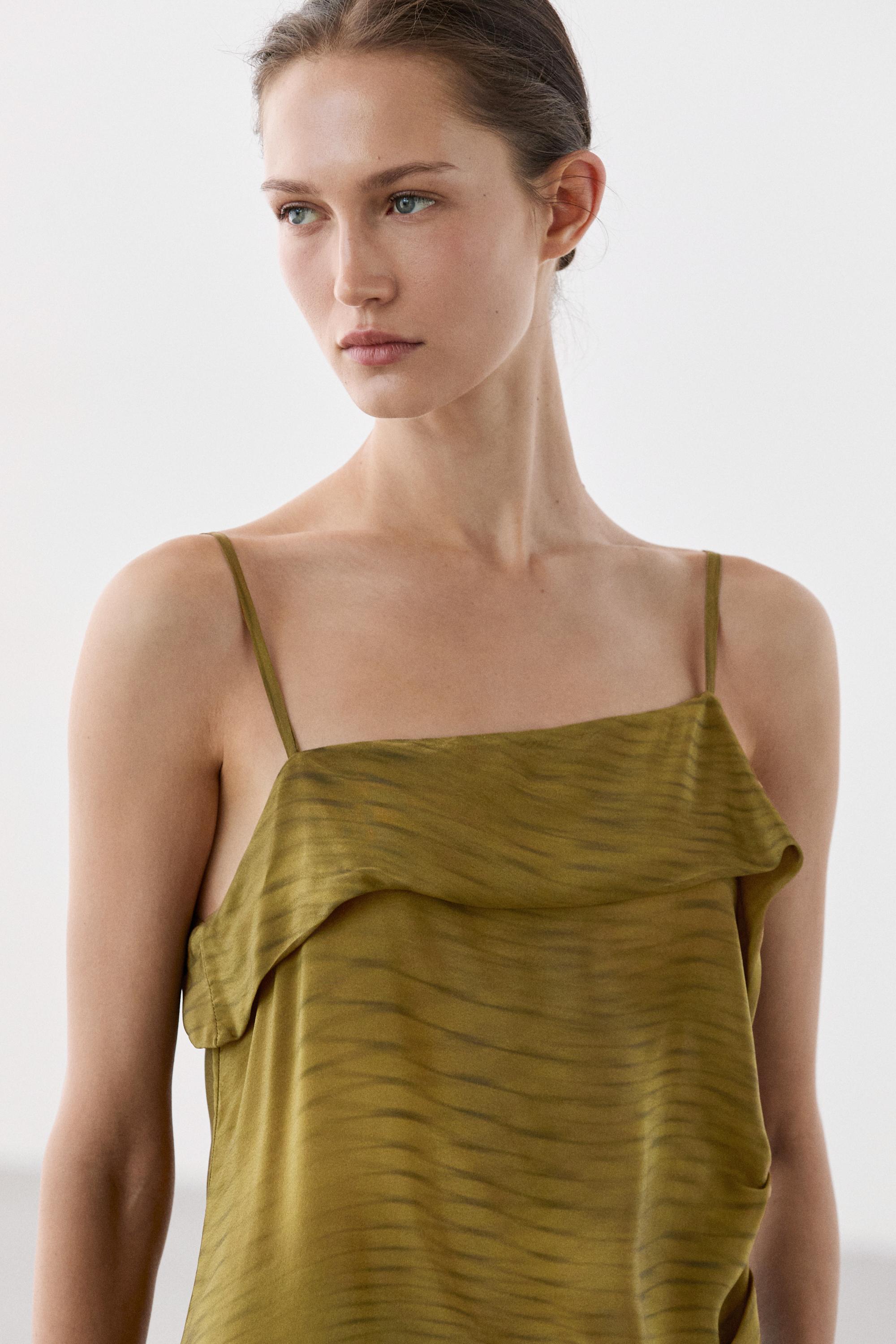 Asymmetric strappy top with draped detail — KHAKI GREEN