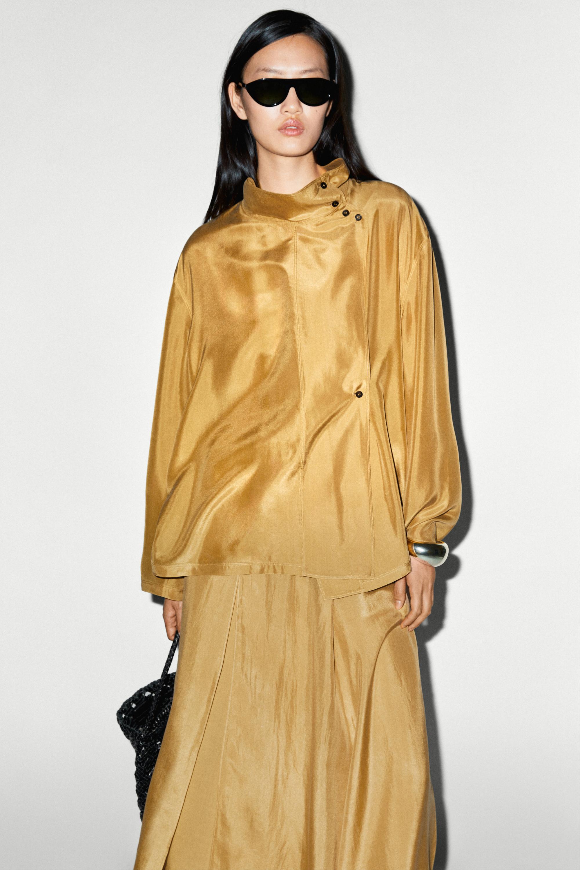 100% silk crossover mock neck shirt — MUSTARD YELLOW