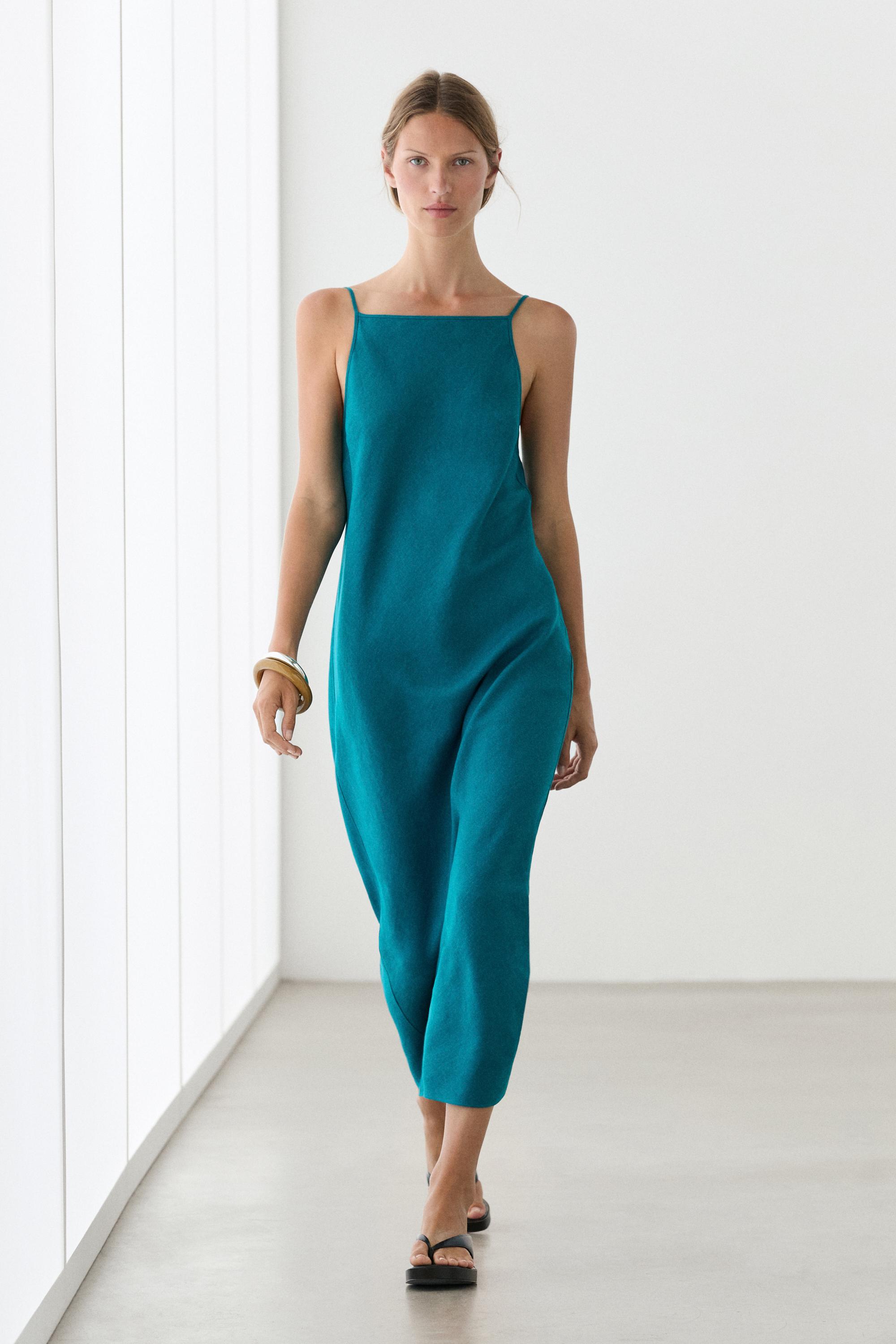 100% linen strappy midi dress