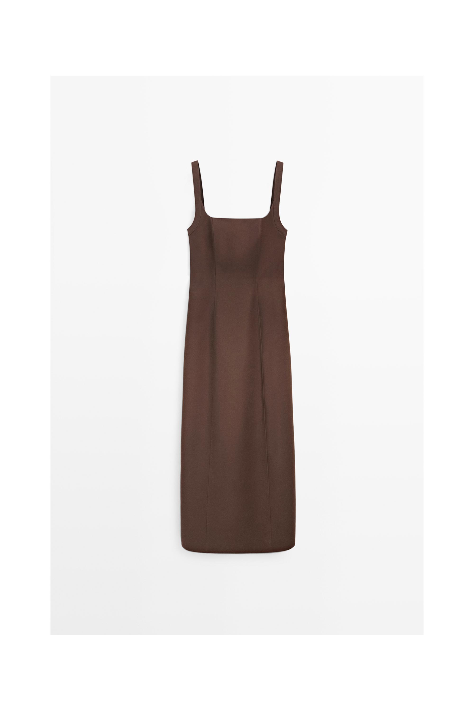 Cotton blend strappy midi dress — BROWN