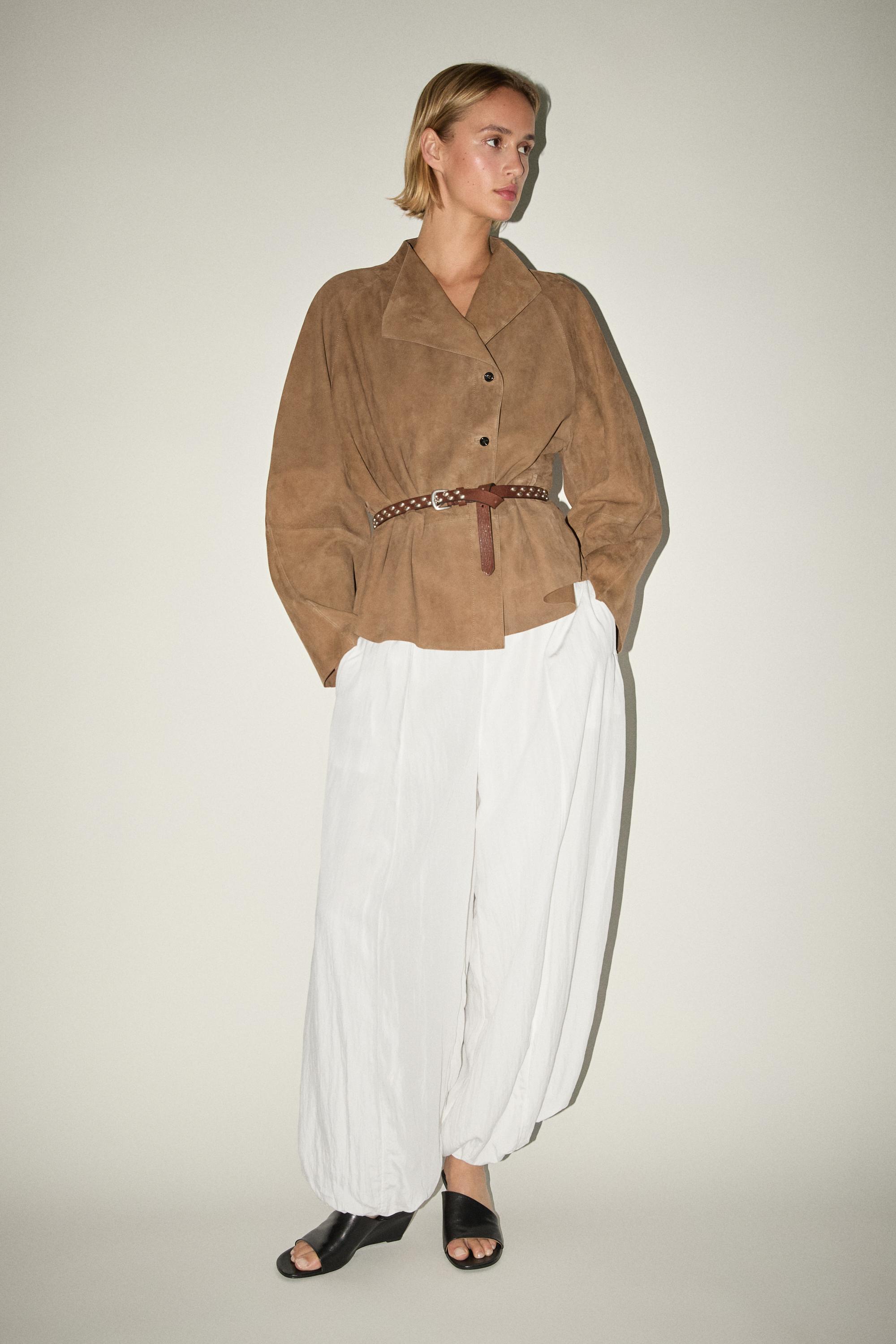 Suede leather jacket with drawstring — SAND