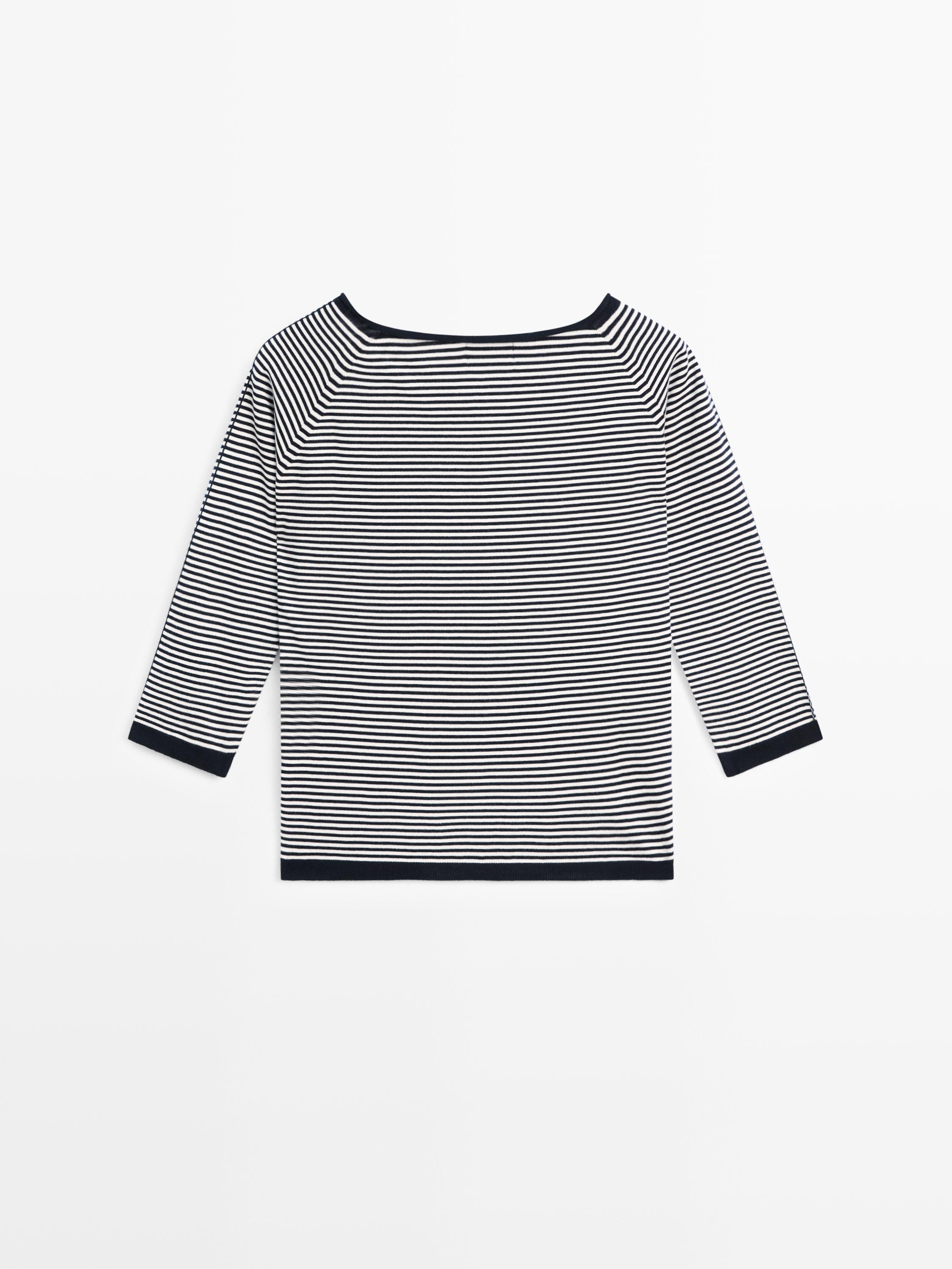 100% cotton striped knit sweater — NAVY BLUE