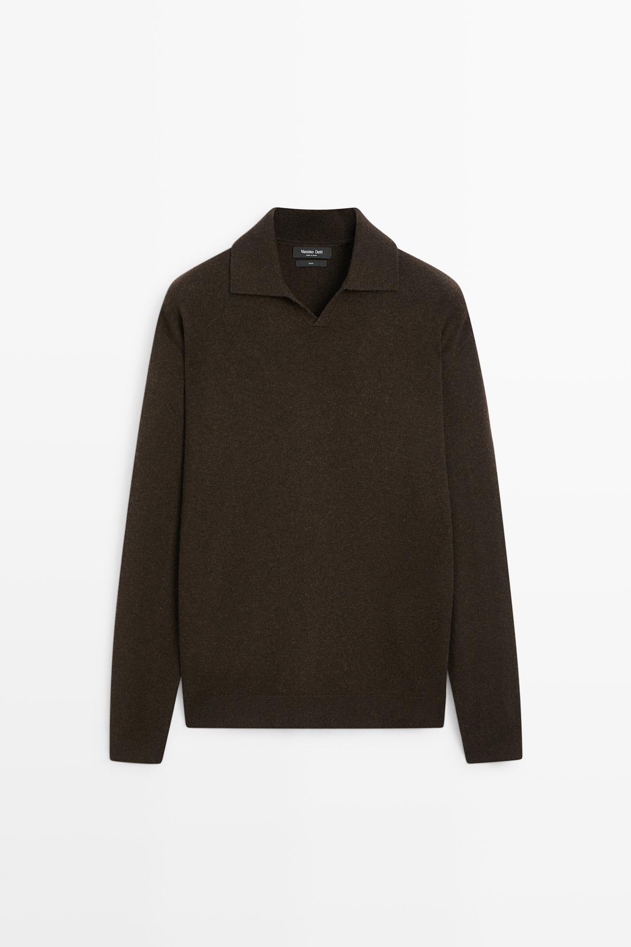 100% wool knit polo sweater — BROWN MARL