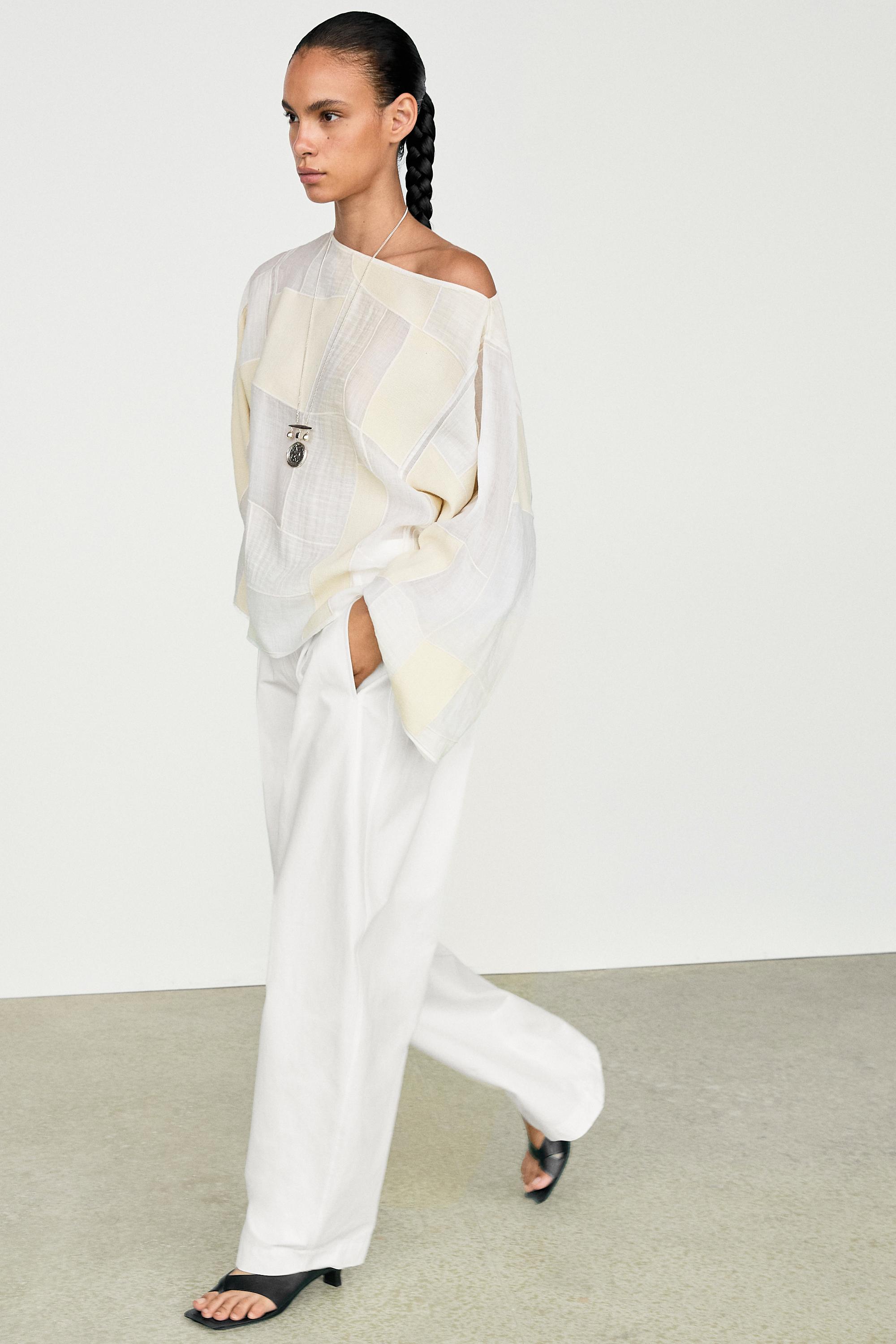 Patchwork print boat neck blouse — Off white