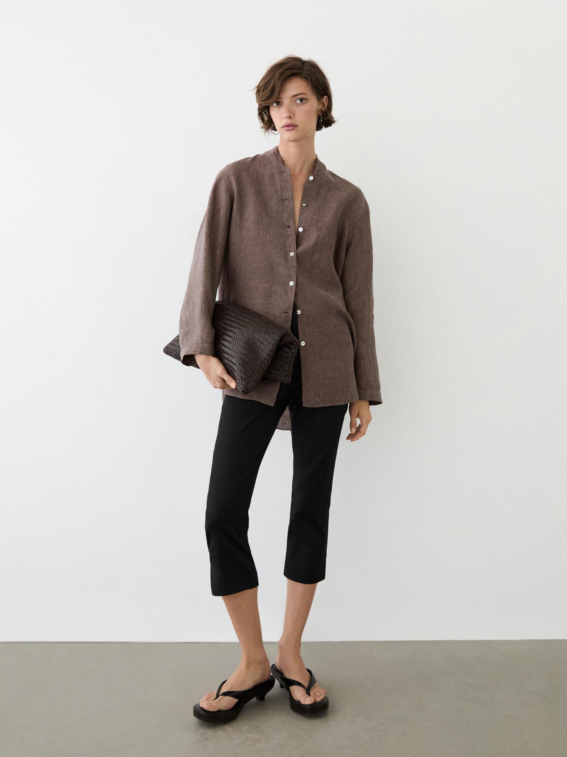 100% linen V-neck shirt — BROWN