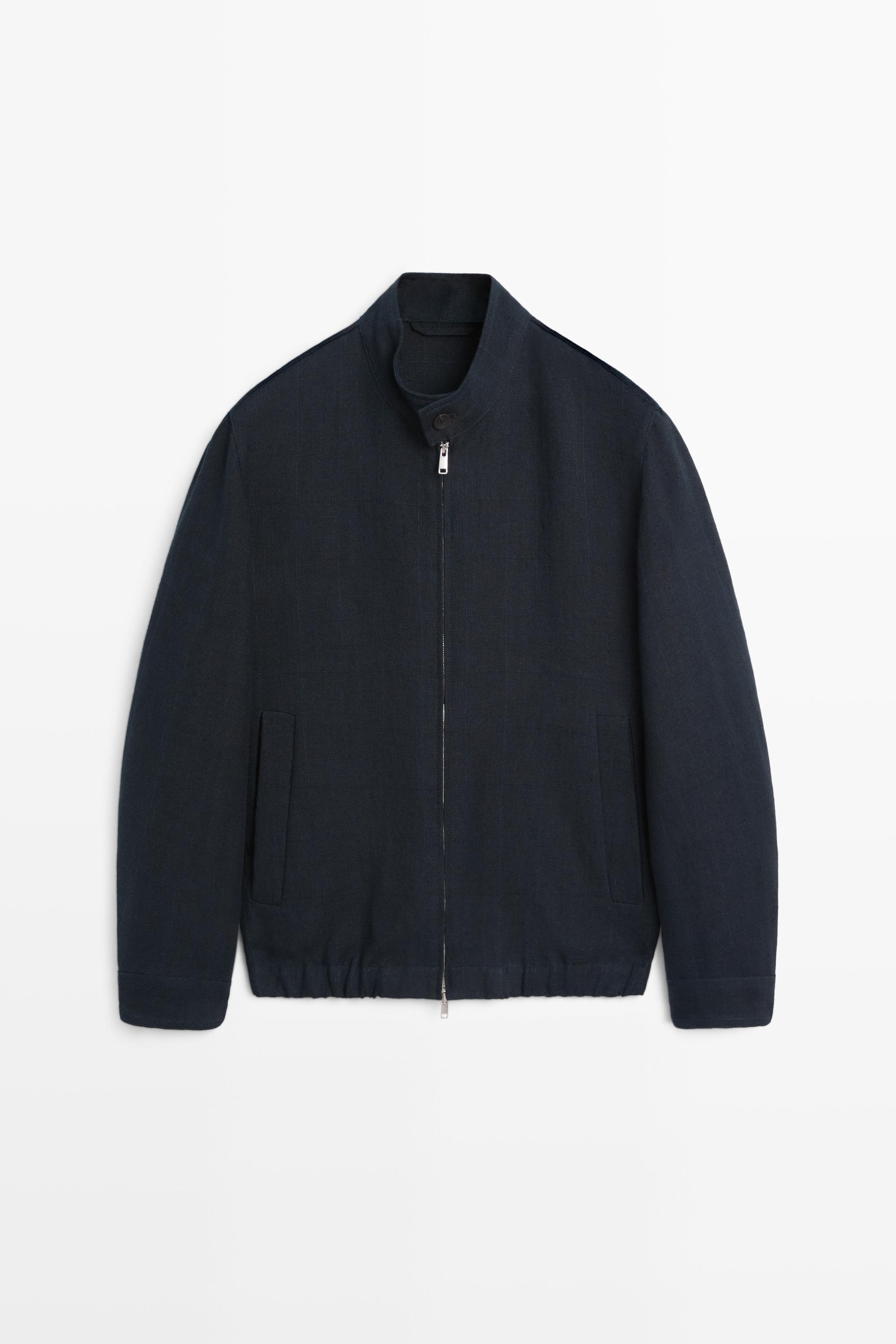 100% linen banded collar jacket — NAVY BLUE