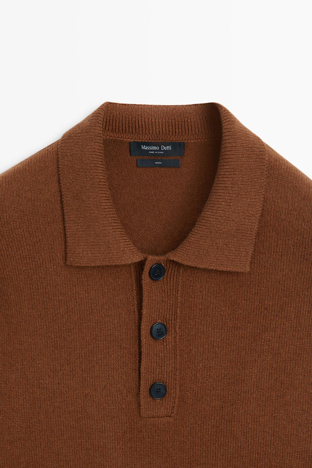 100% wool knit polo sweater with button detail — TOFFEE