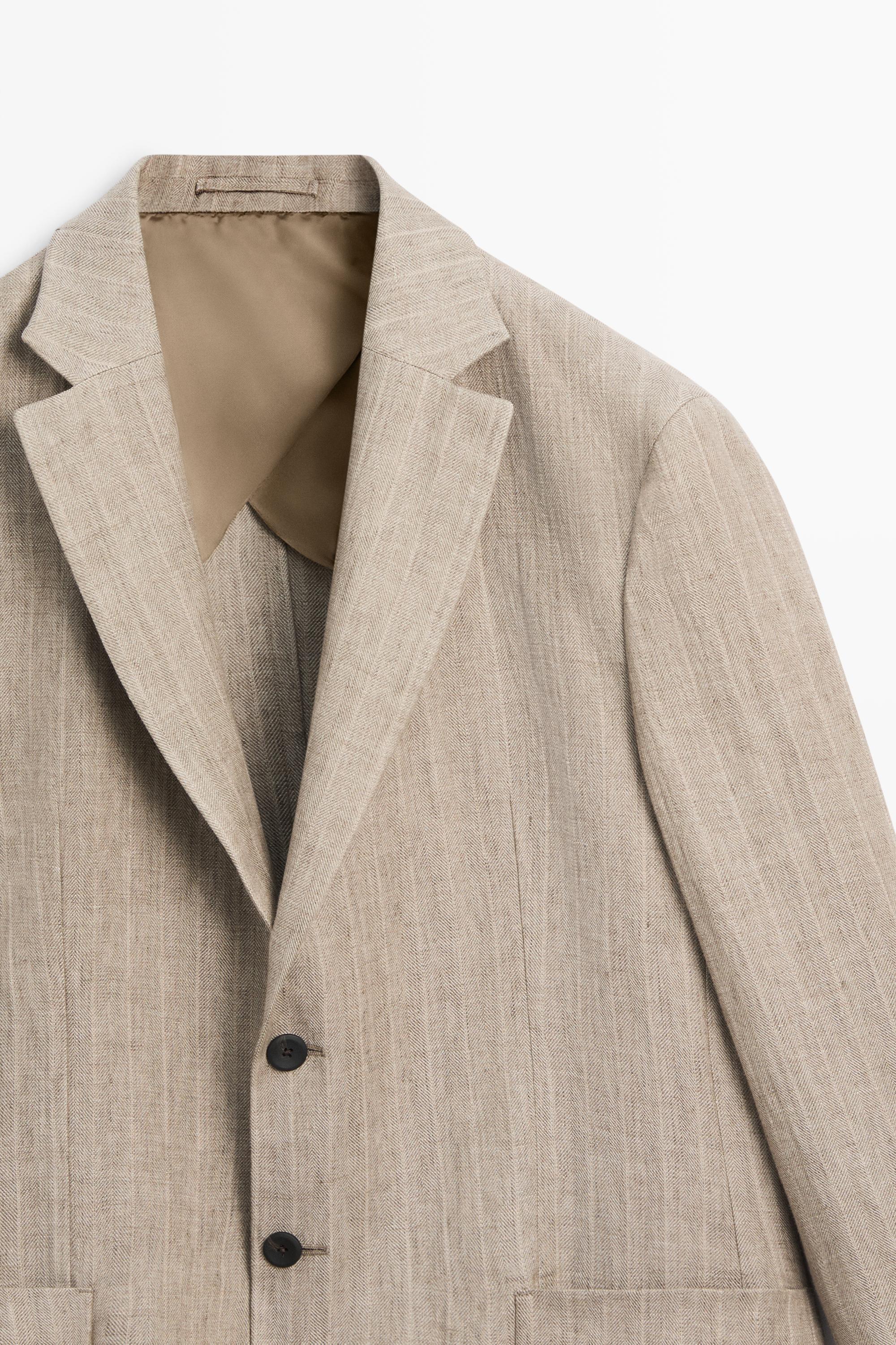 Linen herringbone stripe blazer — BEIGE
