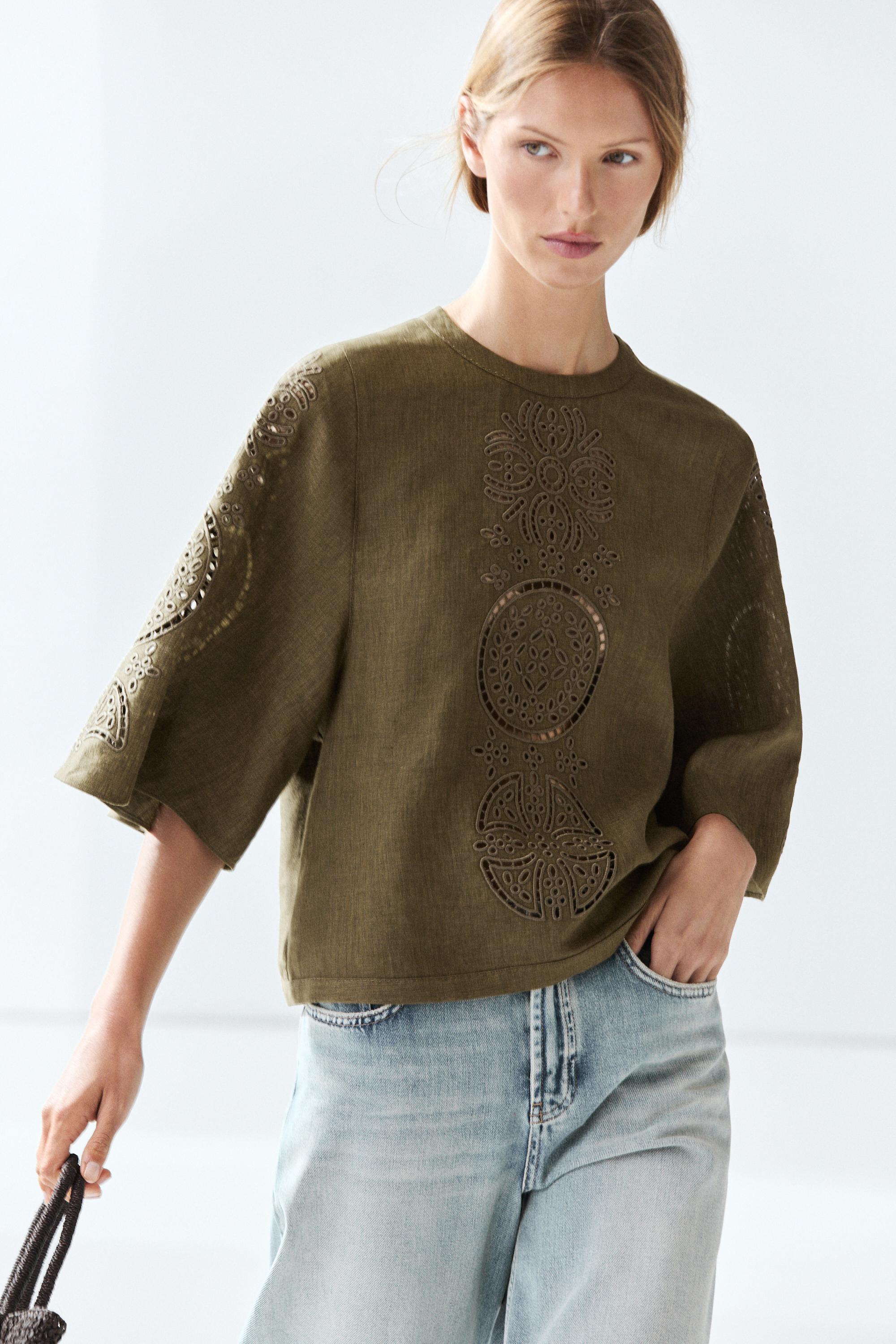 Linen blend blouse with embroidered details — GREEN