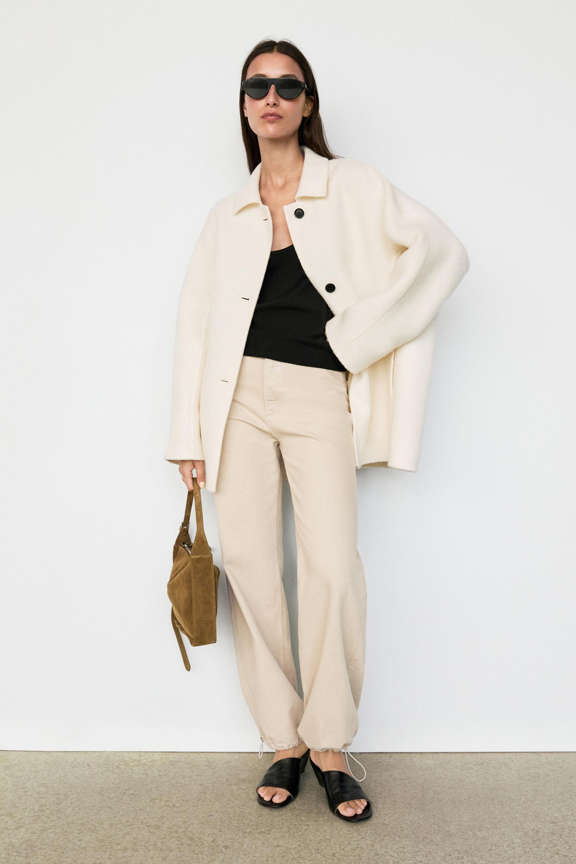 Medium single-breasted wool blend coat — Off white