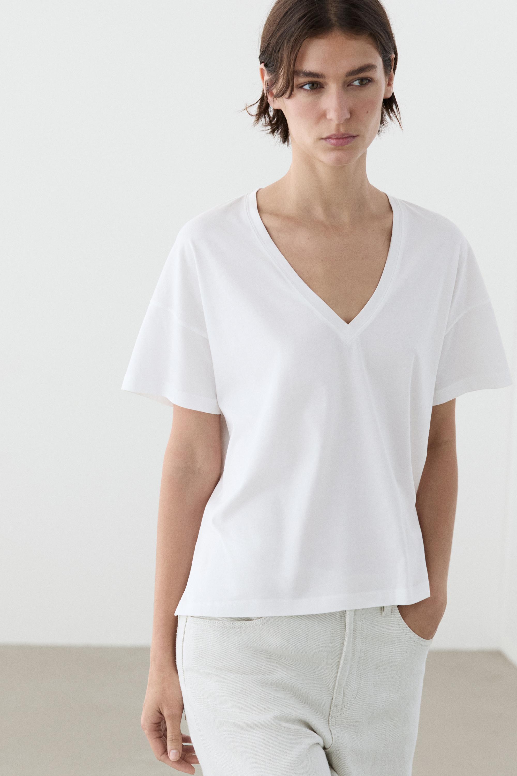 Flowing cropped fit V-neck T-shirt — WHITE