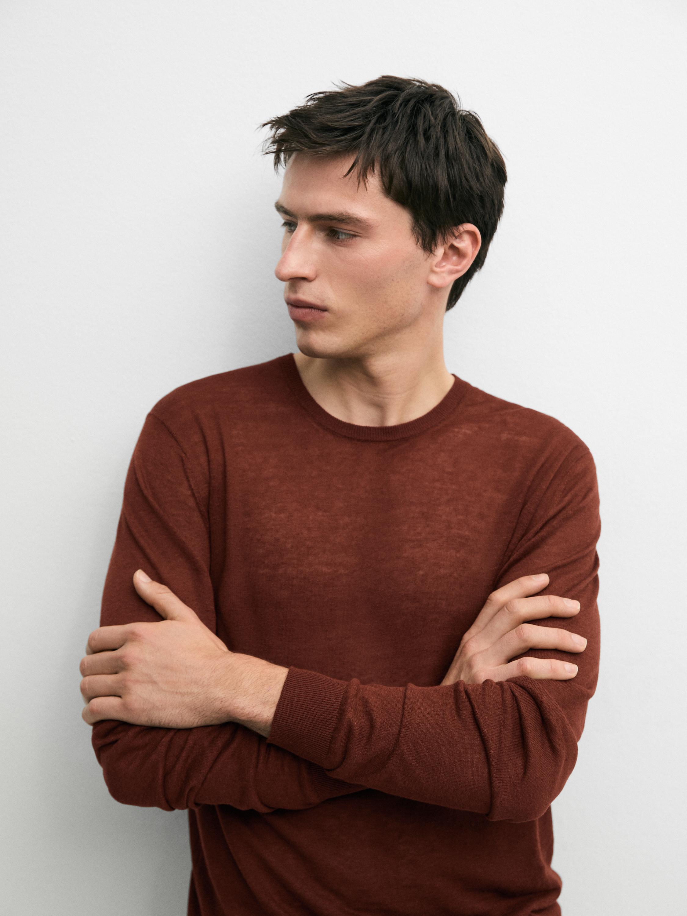 Linen and cashmere knit crew neck sweater — RED