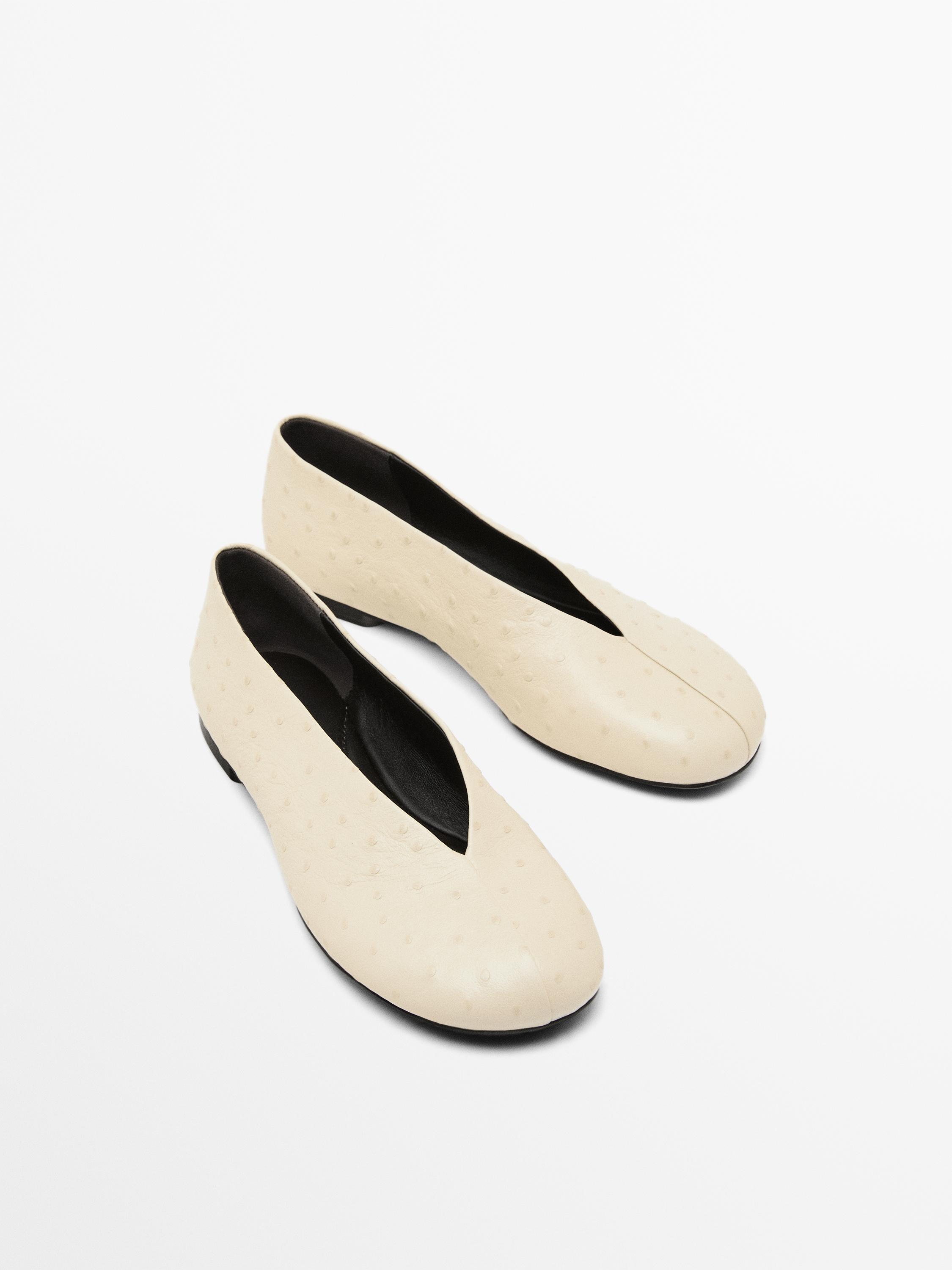 Ostrich print leather ballet flats