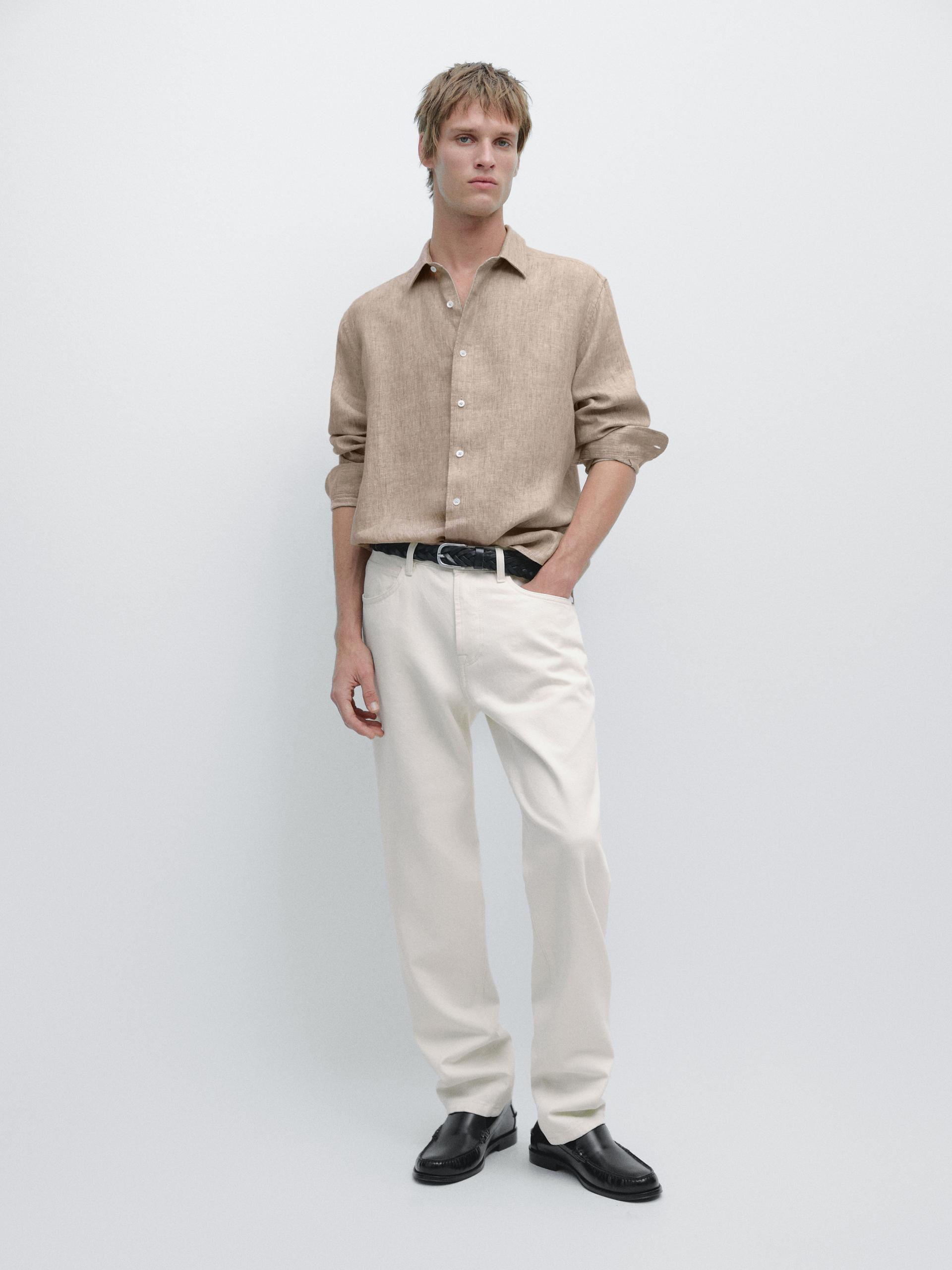 Camisa Regular Fit 100% Lino - Crudo - M - Massimo Dutti - Hombre