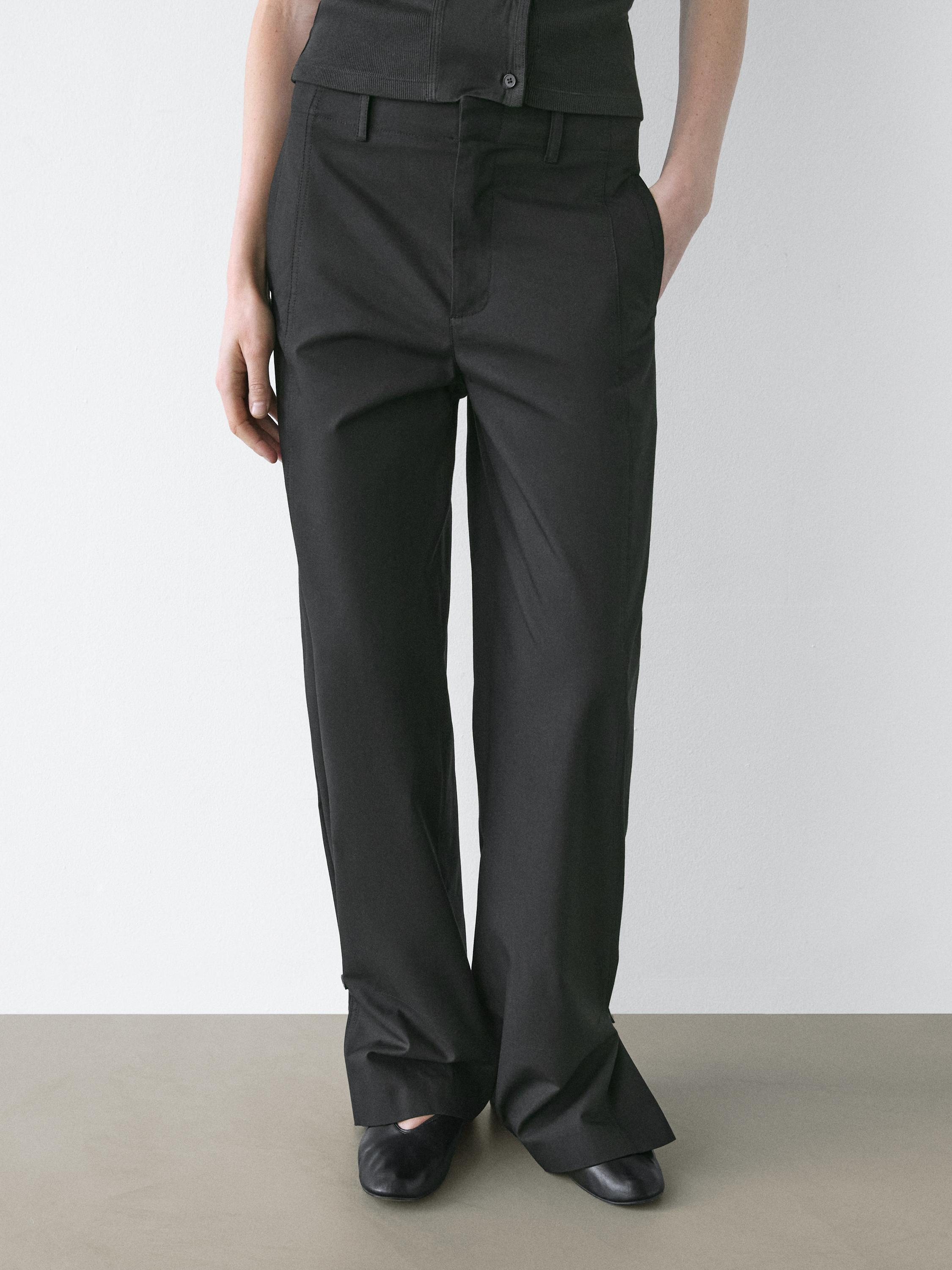 Cotton blend trousers with hem detail — BLACK