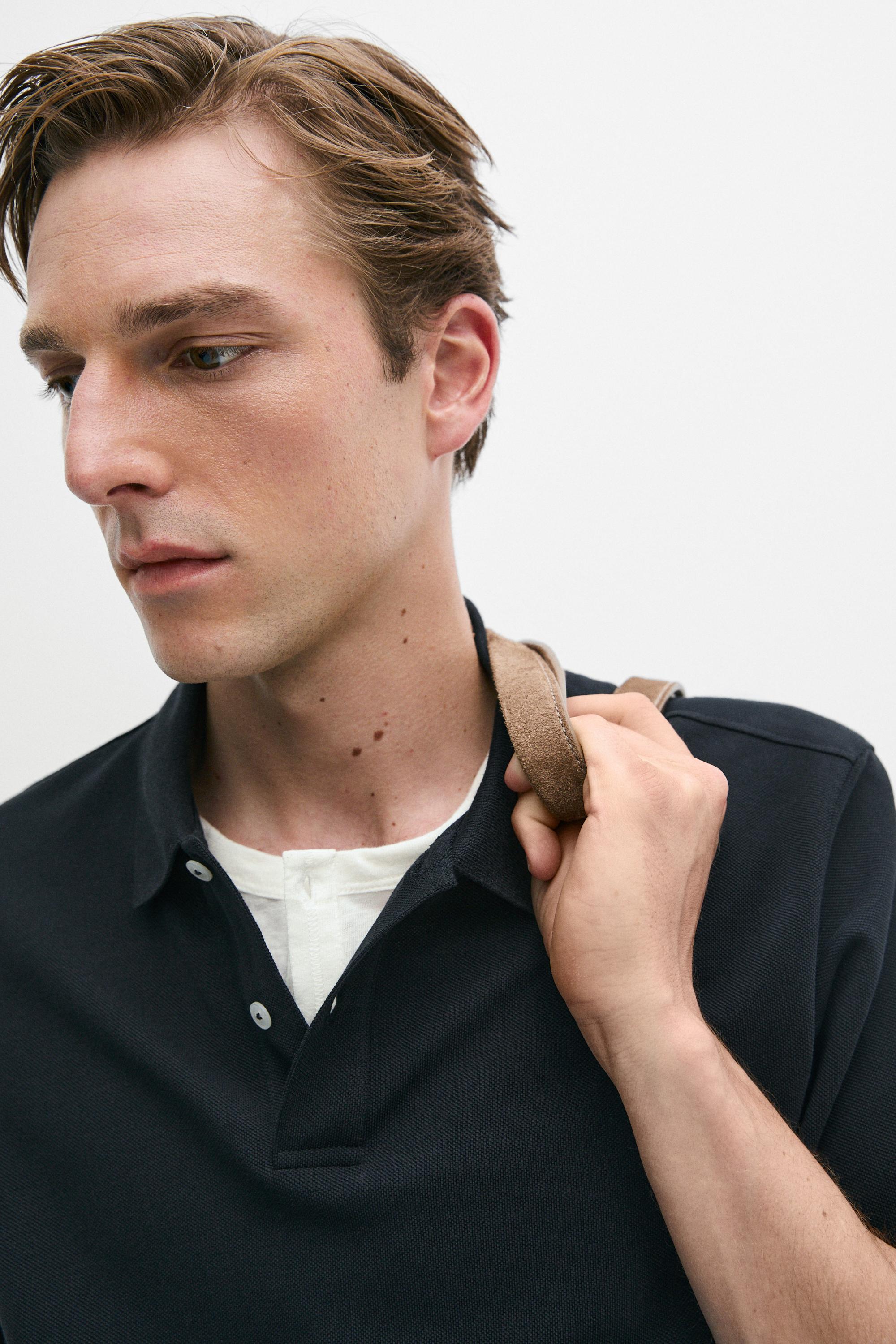 Micro-textured cotton piqué polo shirt — NAVY BLUE