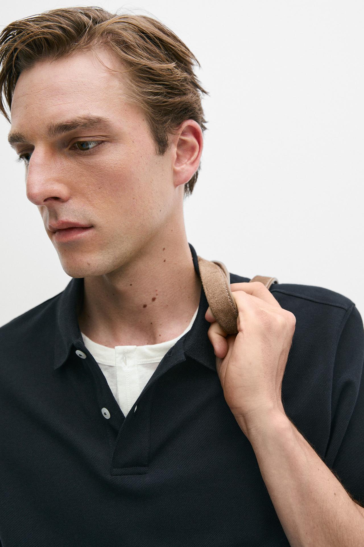 Micro-textured cotton piqué polo shirt — NAVY BLUE