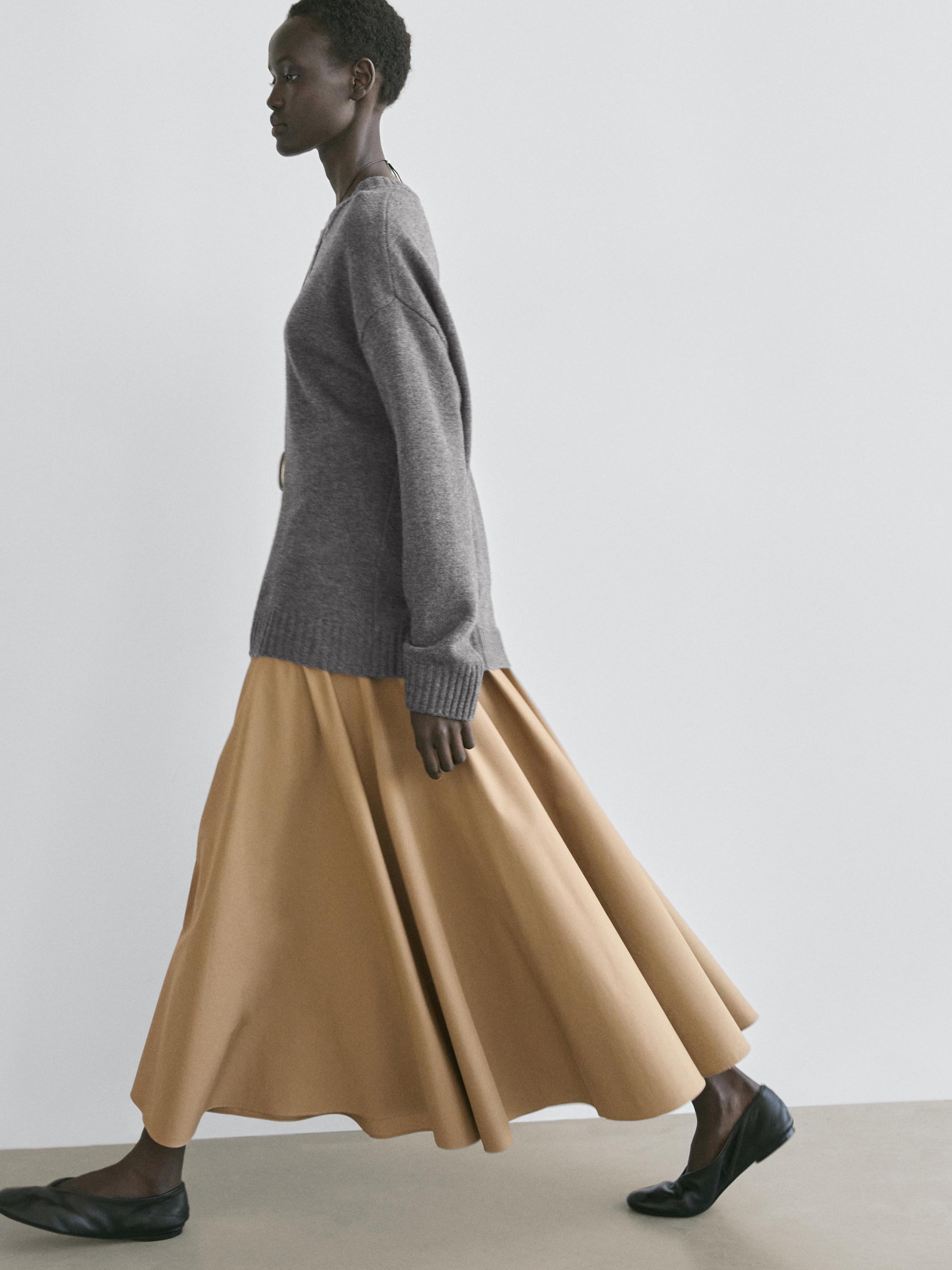 Flounce midi skirt with yoke detail — CAMEL