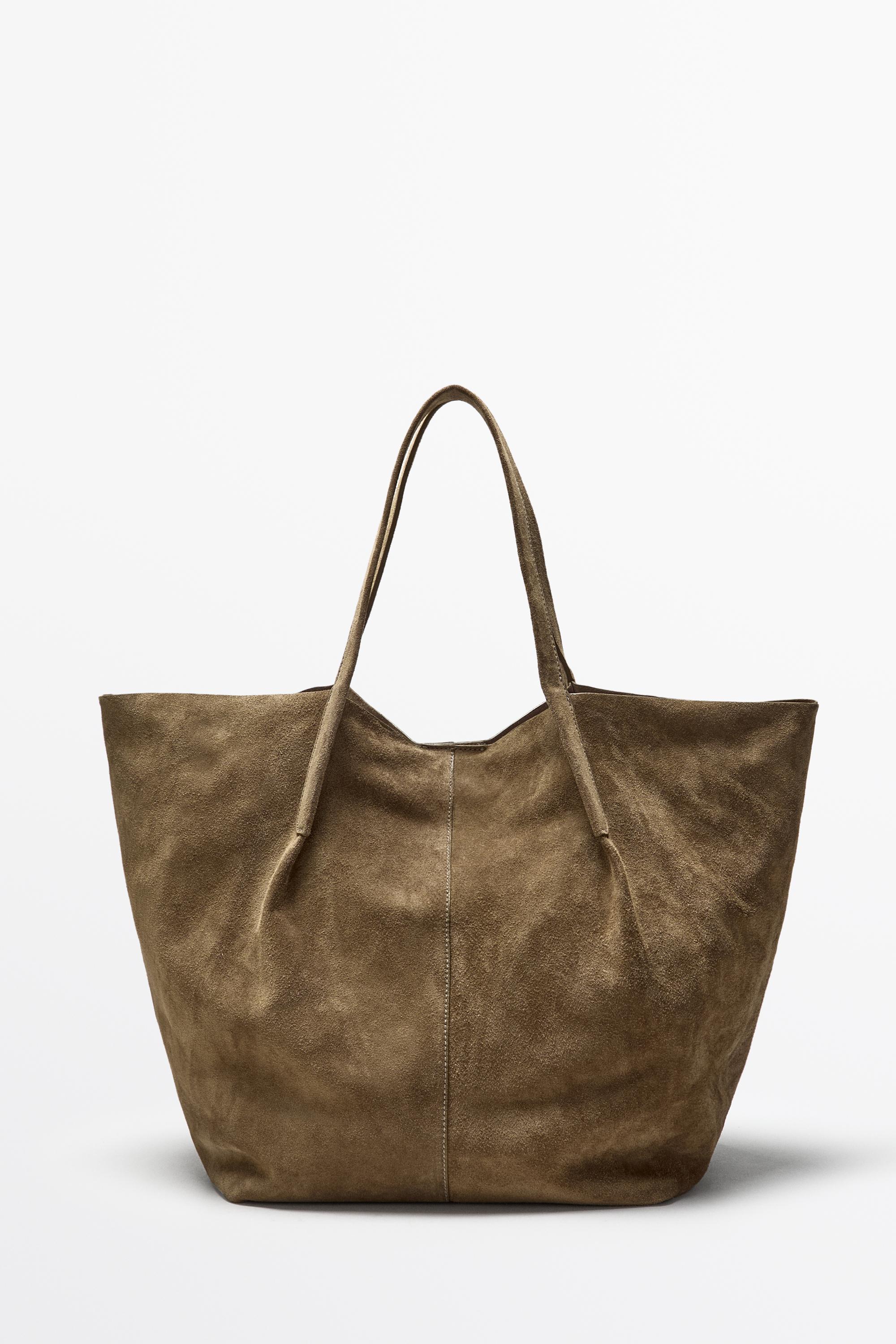 Split suede leather tote bag — SAND
