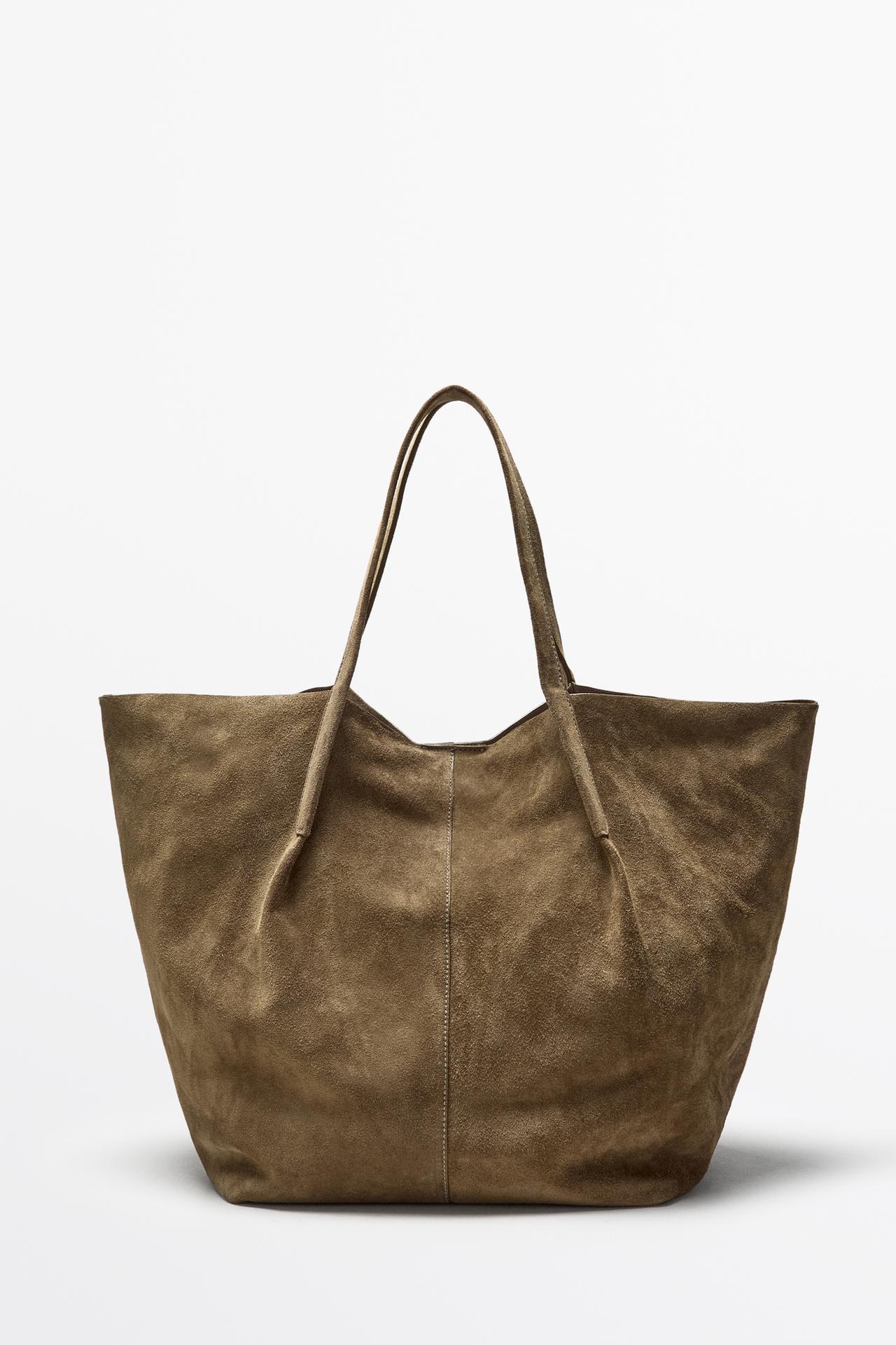 Split suede leather tote bag — SAND