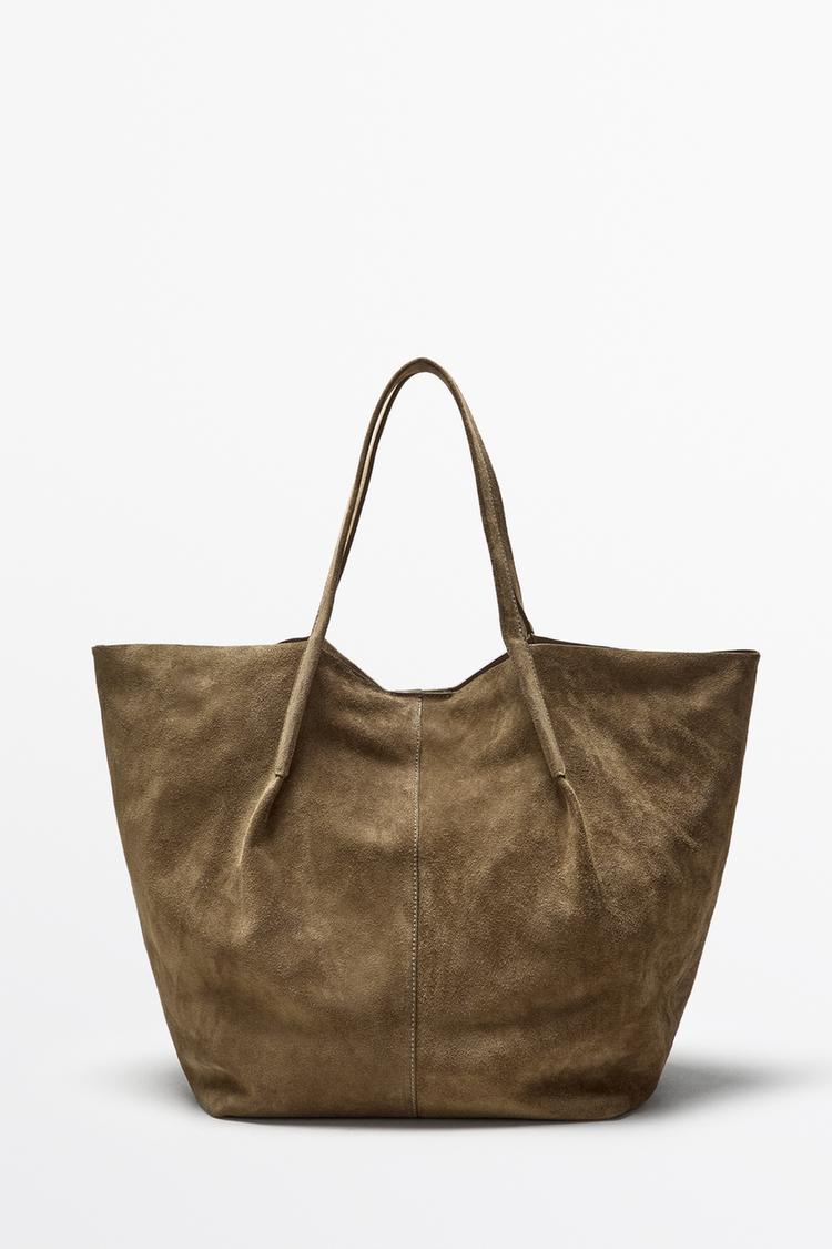 Split suede leather tote bag — SAND