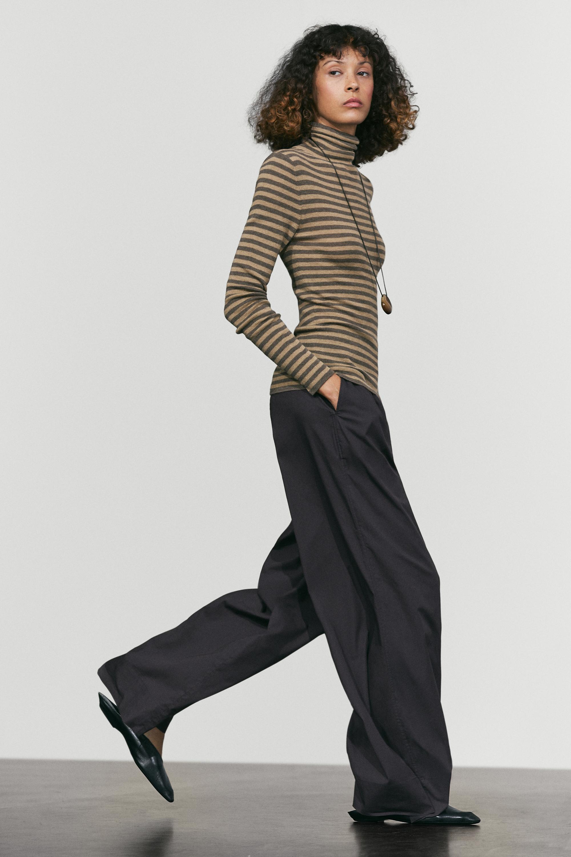 Striped turtleneck knit sweater — MOLE BROWN