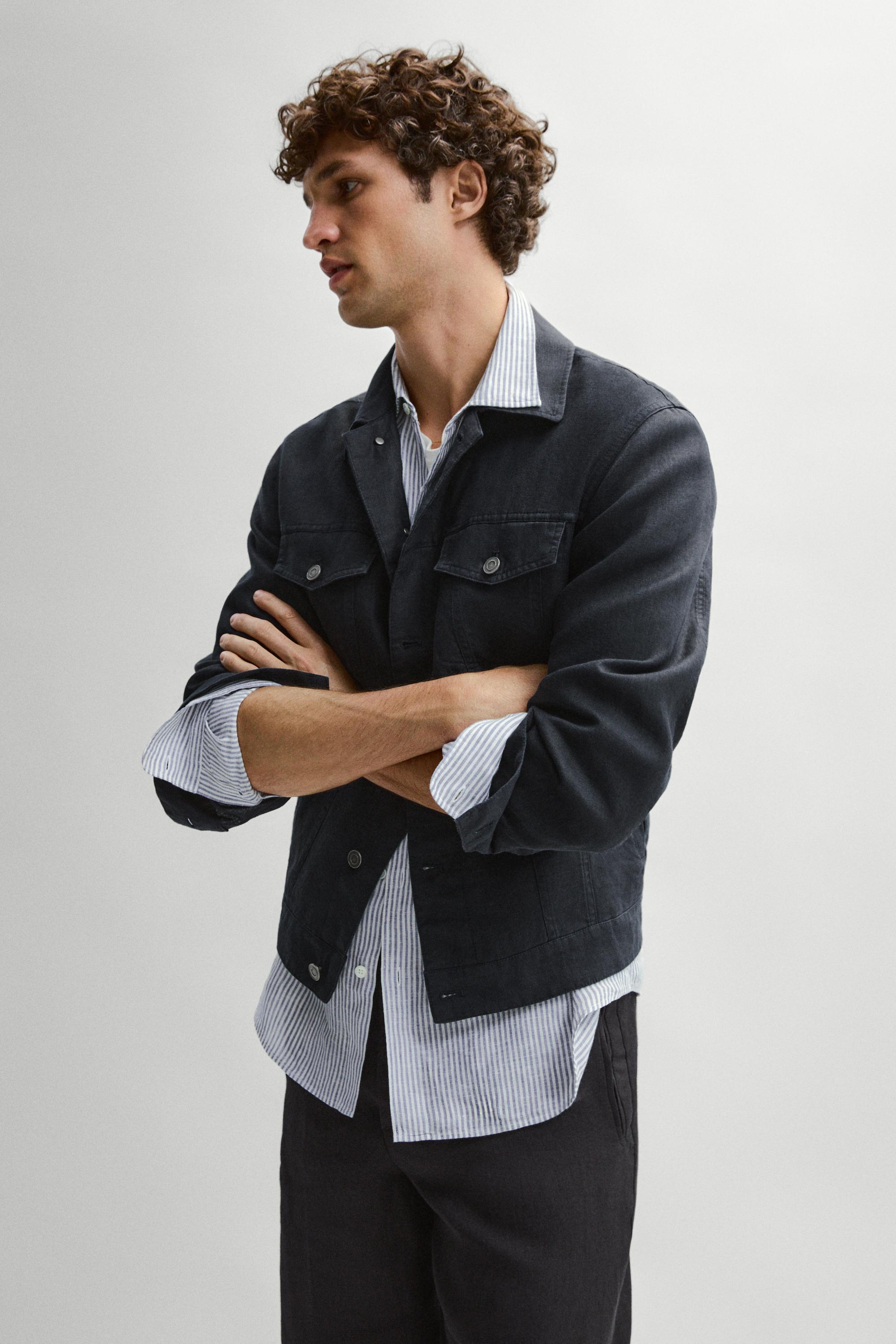 100% linen trucker jacket — NAVY BLUE