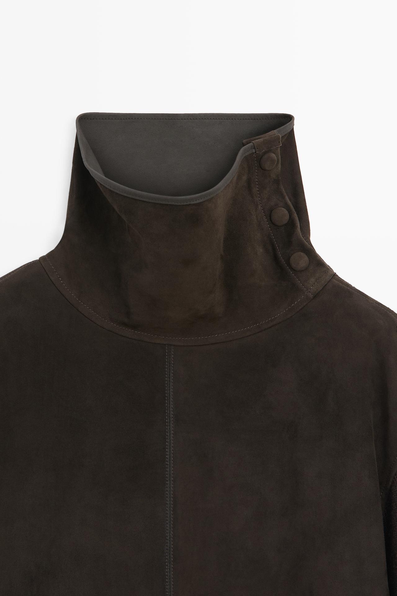 Combined high neck suede oversize blouse — BROWN