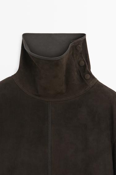 Combined high neck suede oversize blouse — BROWN 9