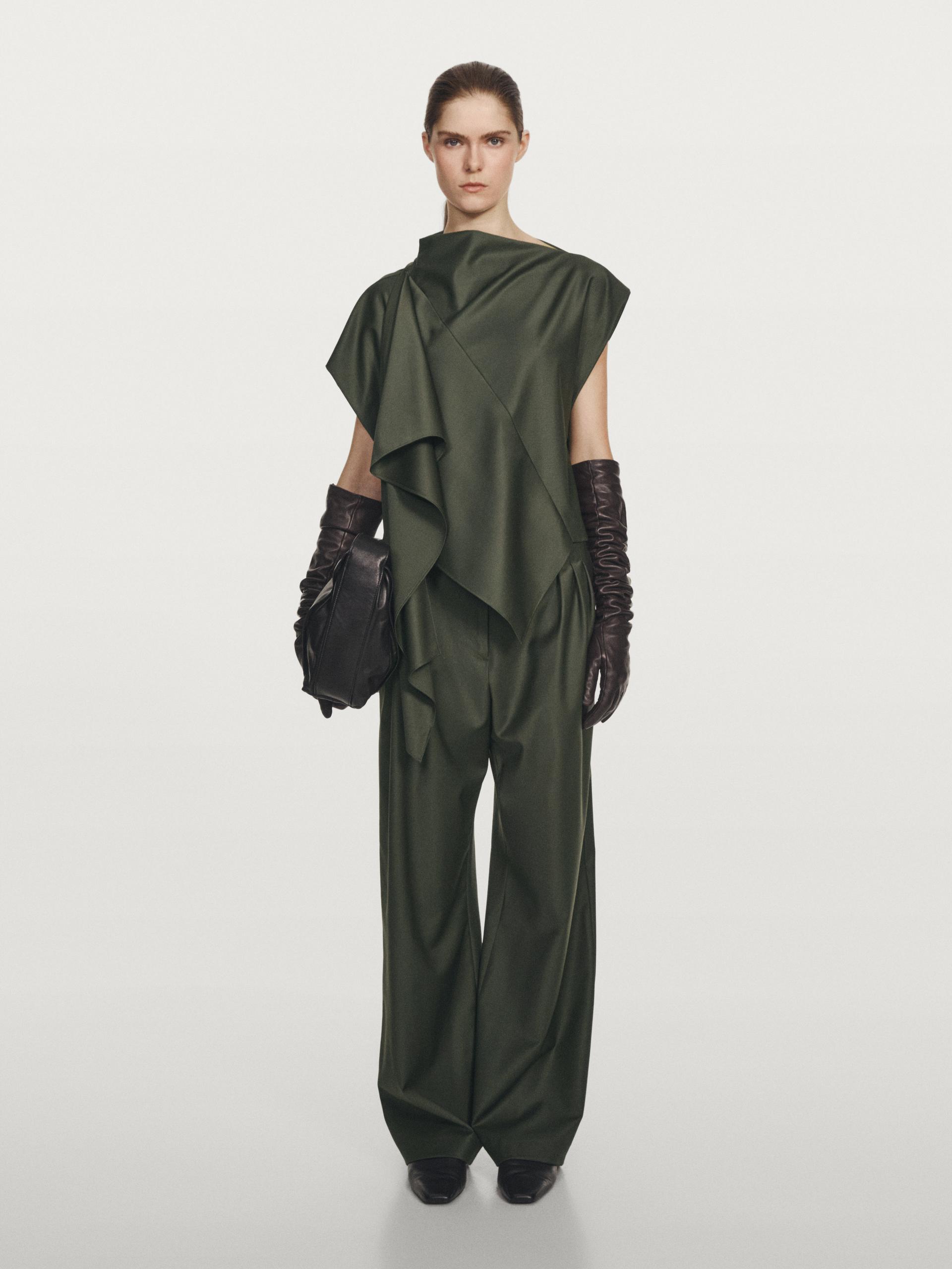 Blusa Asimétrica Mezcla Lana - Studio - Verde Oscuro - M - Massimo Dutti - Mujer