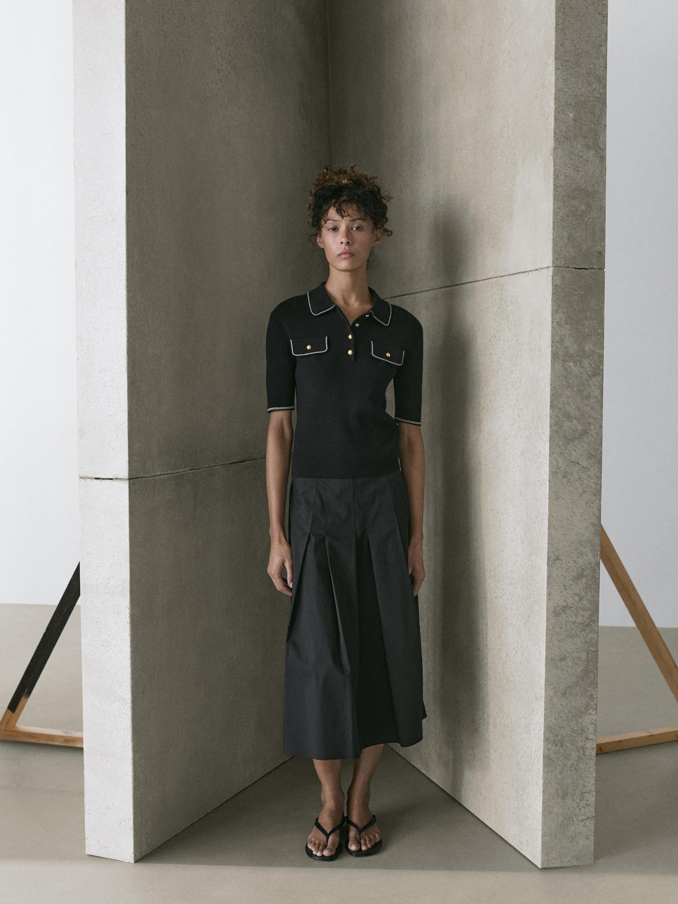 Cotton knit polo shirt with contrast detail — BLACK