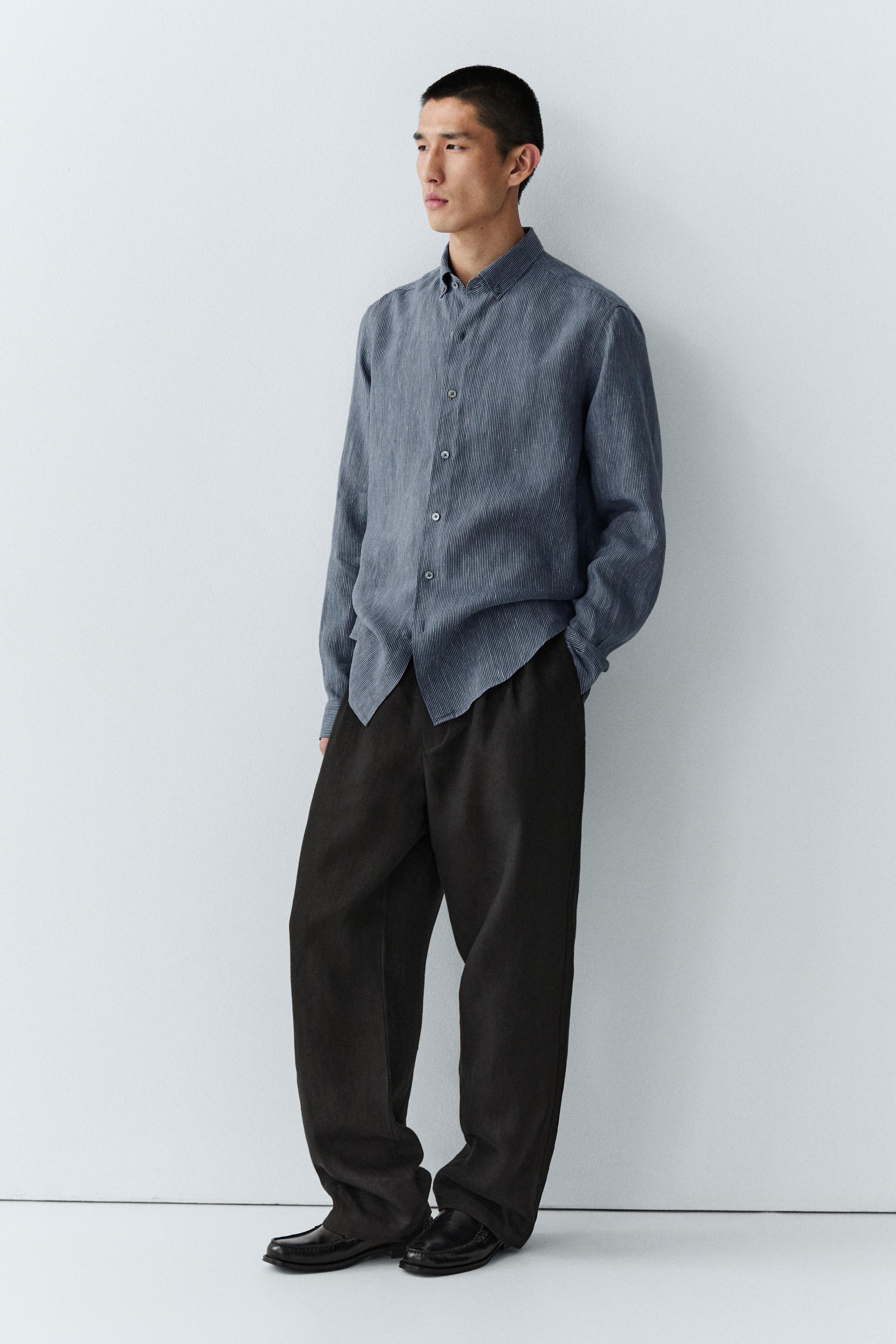 100% linen pinstriped regular fit shirt — NAVY BLUE