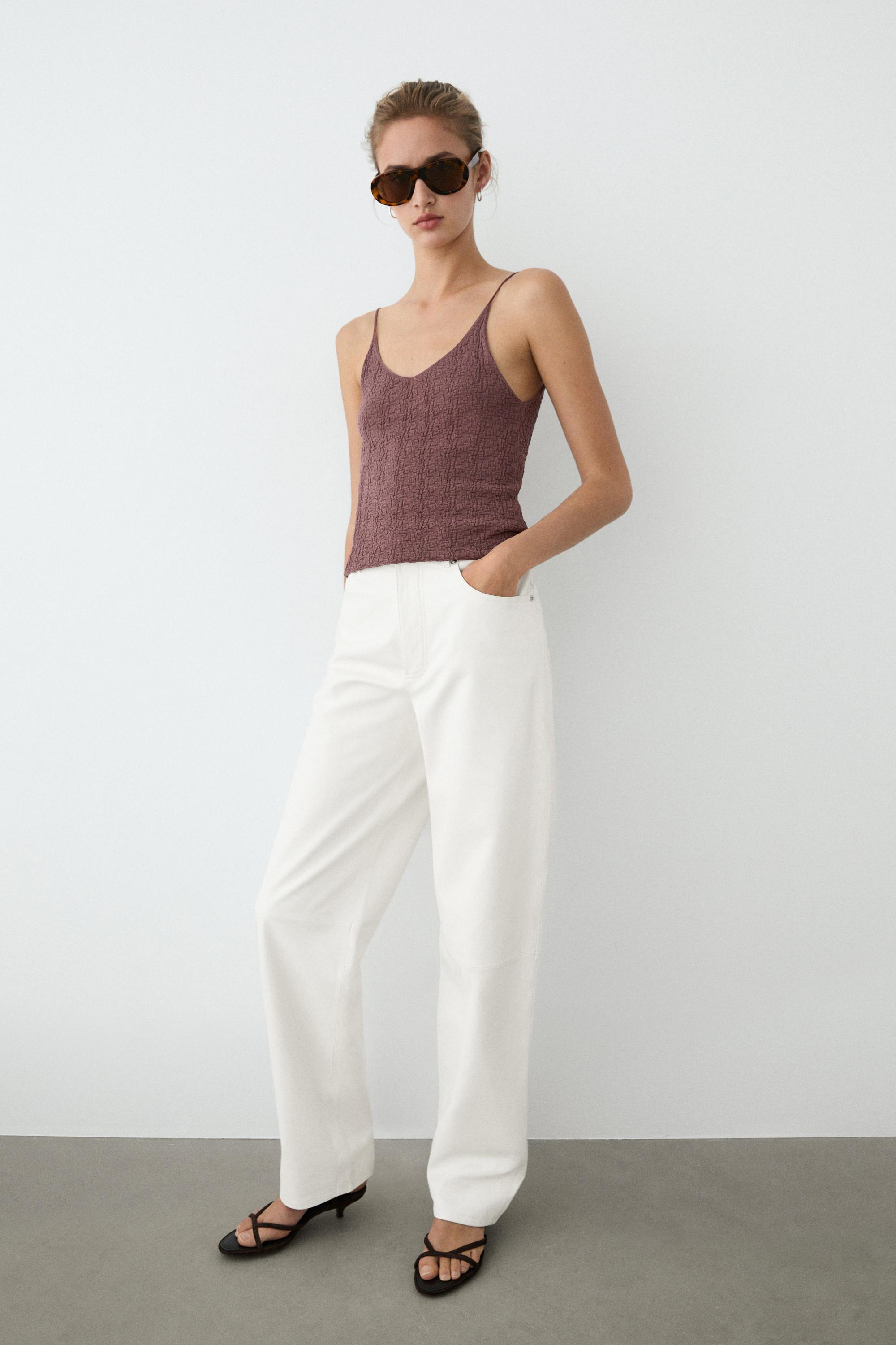 100% cotton textured strappy top — PINK MARL